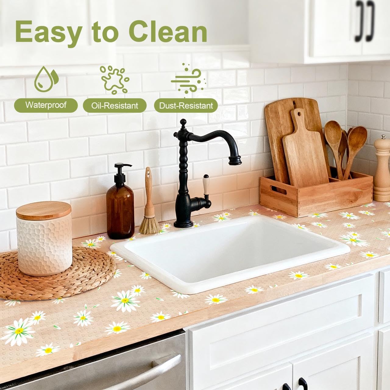 FEXIA Shelf Liner 12 Inch x 20 FT Daisy Non Slip Waterproof Cabinet and Drawer Liner for Kitchen Cabinet Refrigerator Pantry Closet Durable Non Adhesive