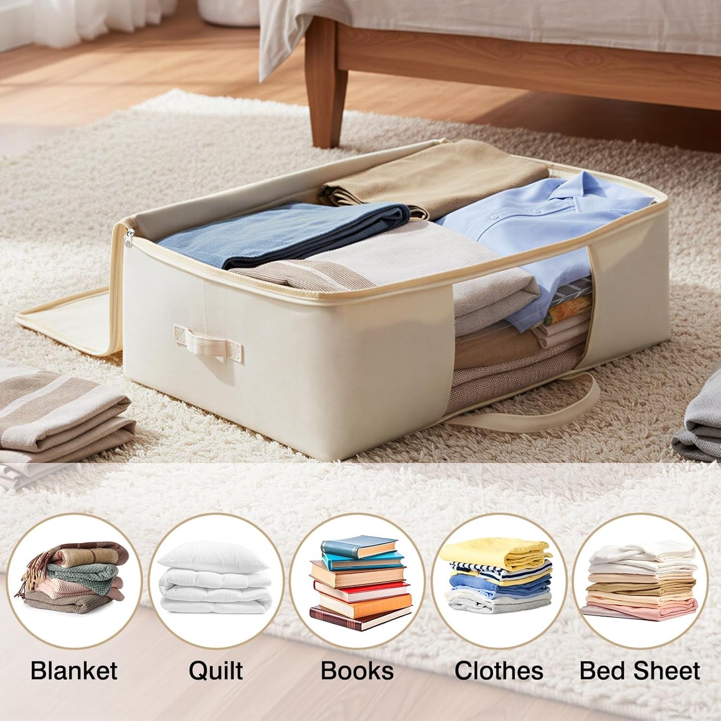 YGEOMER 4 Pack Canvas Clothes Storage Bags with Zipper Foldable Closet Organizers Storage Containers with Reinforced Handle for Dorm Storage Organizing, Bedroom, Closet,Blanket, Clothing, Comforters