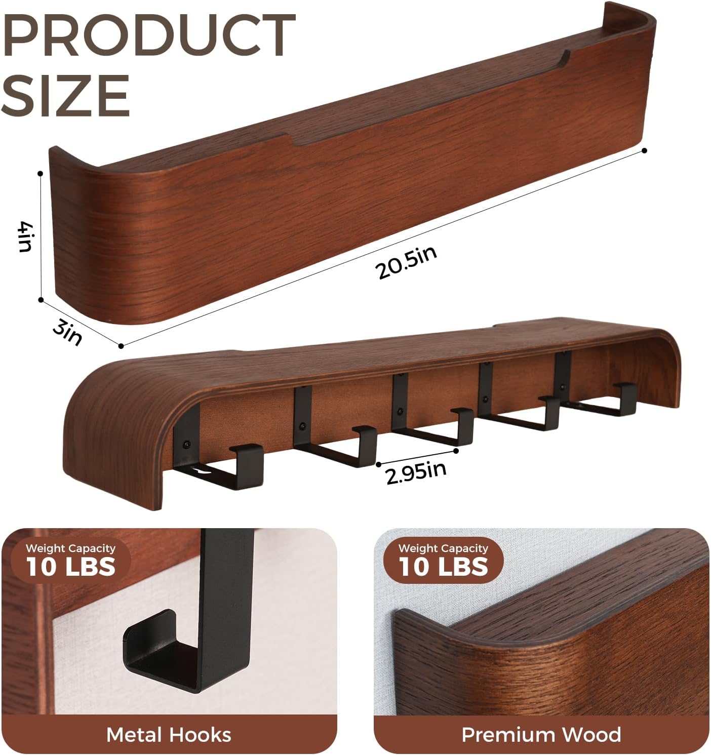 Wall Coat Rack Floating Shelves Modern Coat Rack Wall Mount with Storage Entryway Shelf Wooden Hanger 20 Inch 4 Hidden Metal Hooks for Living Room Bedroom (Walnut Color, 5 Hooks)