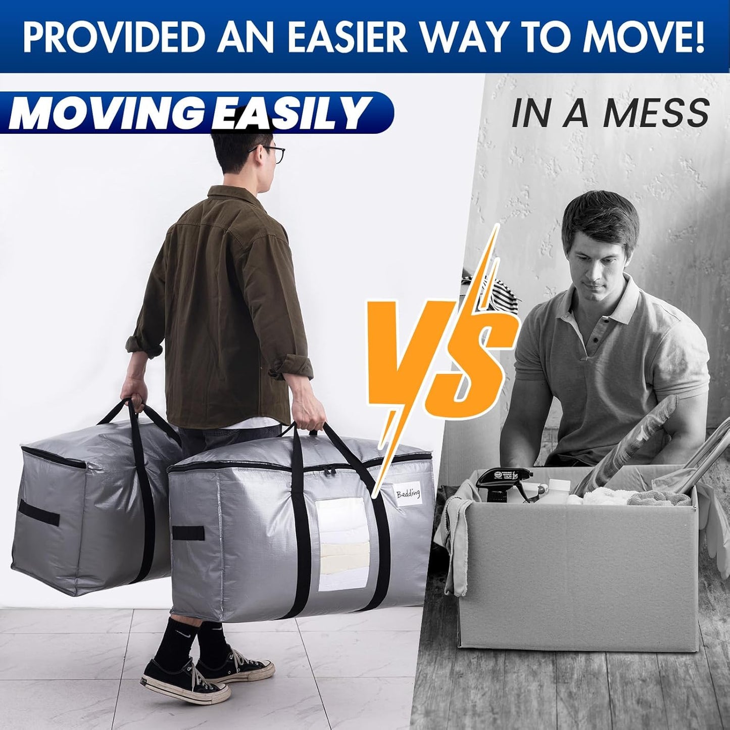 TAILI Extra Large Moving Bags, 12 Pack Silver Heavy Duty Totes for Storage with Visible Window, Wrap Around Handles, Storage Bags for Space Saving, Alternative to Moving Boxes