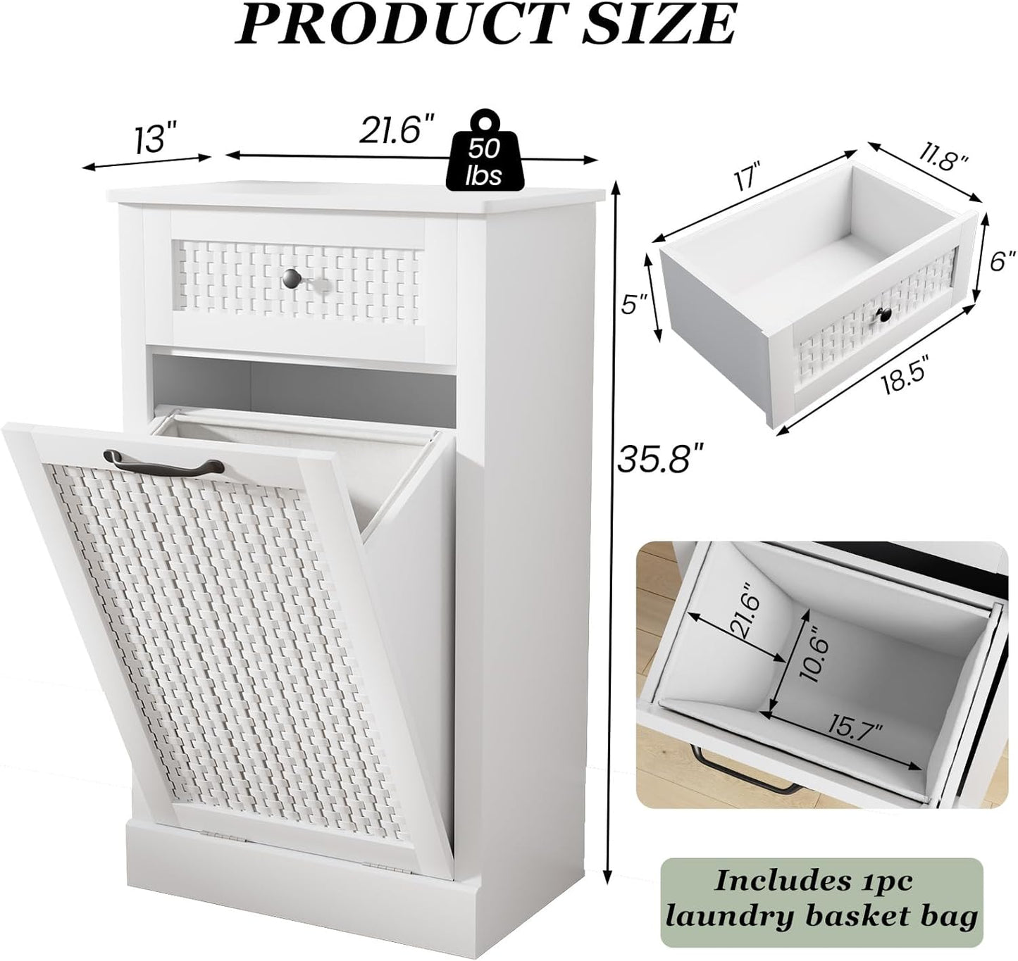 Tilt Out Laundry Hamper Cabinet,10 Gallon Laundry Cabinet with Drawers ＆ Hidden Baskets, Farmhouse Laundry Storage Basket for Laundry Room, Bathroom, Kitchen, White