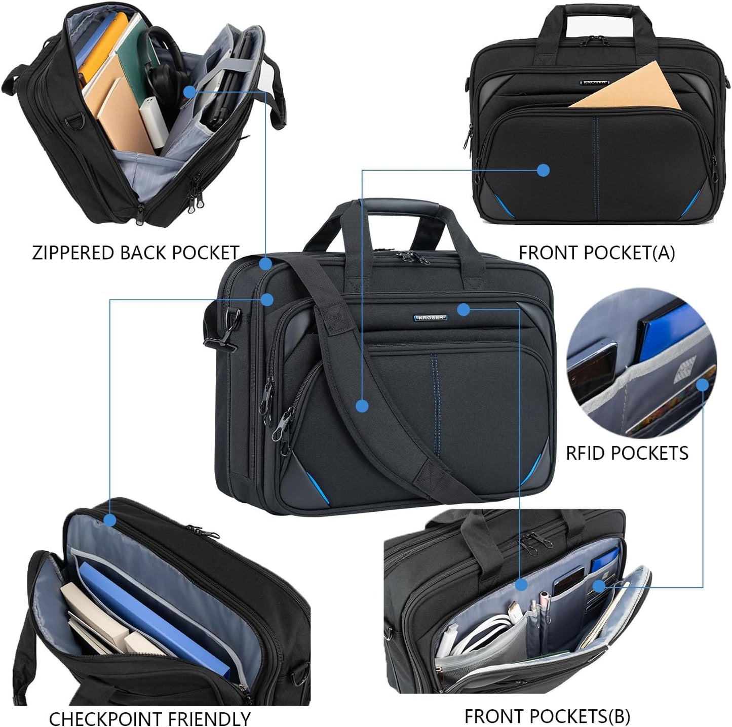 KROSER Laptop Bag 17.3 Inch Premium Laptop Briefcase, Expandable Laptop Shoulder Messenger Bag Durable Computer Case