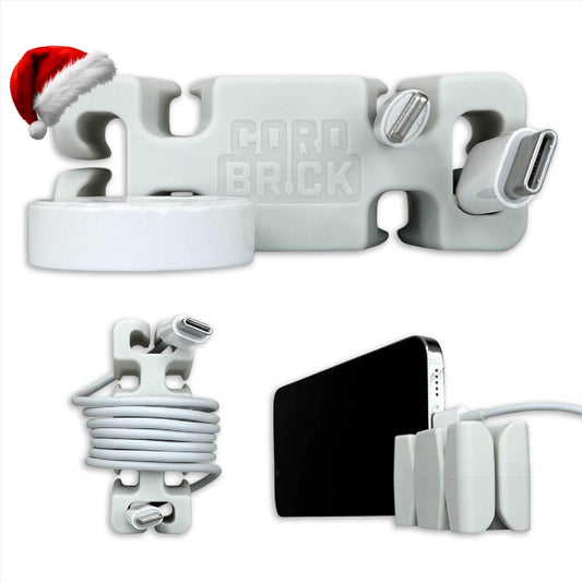 CordBrick Stocking Stuffers for Adults Cord Management Weighted Cord Holder Cable Wrap Phone Stand - Multiuse Gadget Organizer for Nightstand, Desk. Gift for Men, Durable Silicone. Light Gray