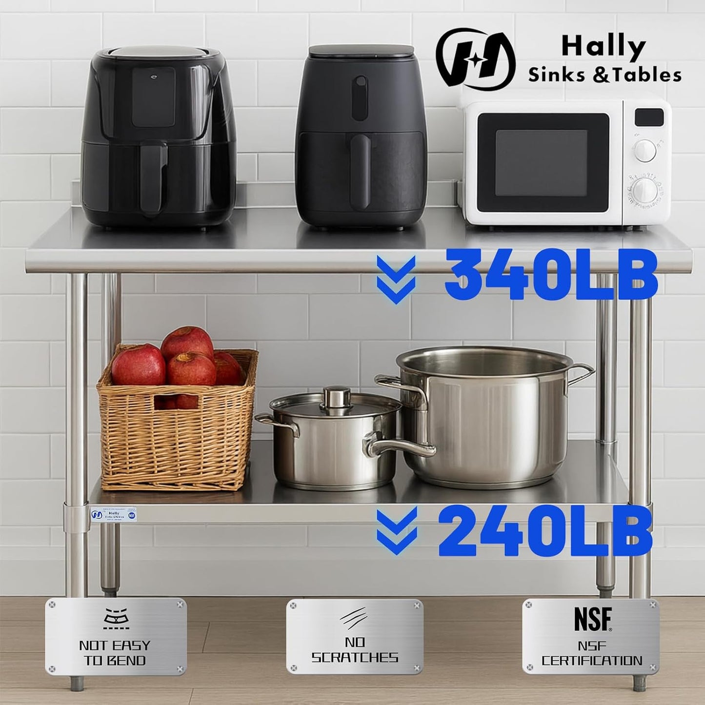 Hally Stainless Steel Table for Prep & Work 14 x 36 Inches, NSF Commercial Heavy Duty Table with Undershelf and Backsplash for Restaurant, Home and Hotel