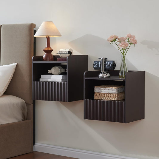 Modern Fluted Floating Nightstand Wall Mounted Set of 2- Bedside Table with Storage Drawer & Display Shelf, Minimalist Bedroom Furniture for Studio Apartments(Espresso)