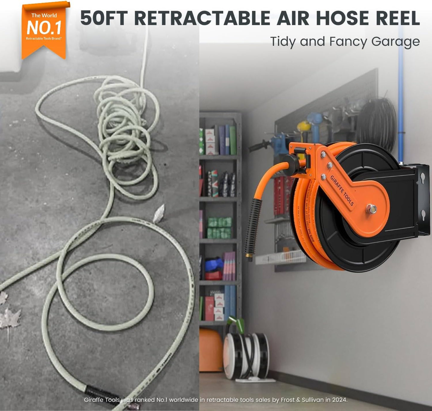 Giraffe Tools TA15BPLUS Retractable Air Hose Reel with Swivel Bracket 3/8" x 50 ft Hybrid Hose, Ceiling/Wall Mounted Heavy Duty Industrial Air Compressor Hose Reel, 300PSI, 50ft