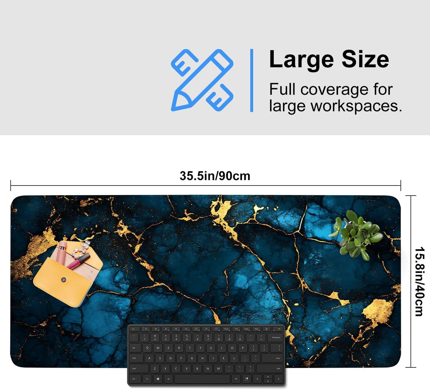 Blue Marble Gold Vein Mouse Pad – Large Extended Desk Mat 35.43 x 15.75 in – Elegant Navy Ink Texture with Metallic Cracks, Keyboard & Mouse Pad for Office & Gaming