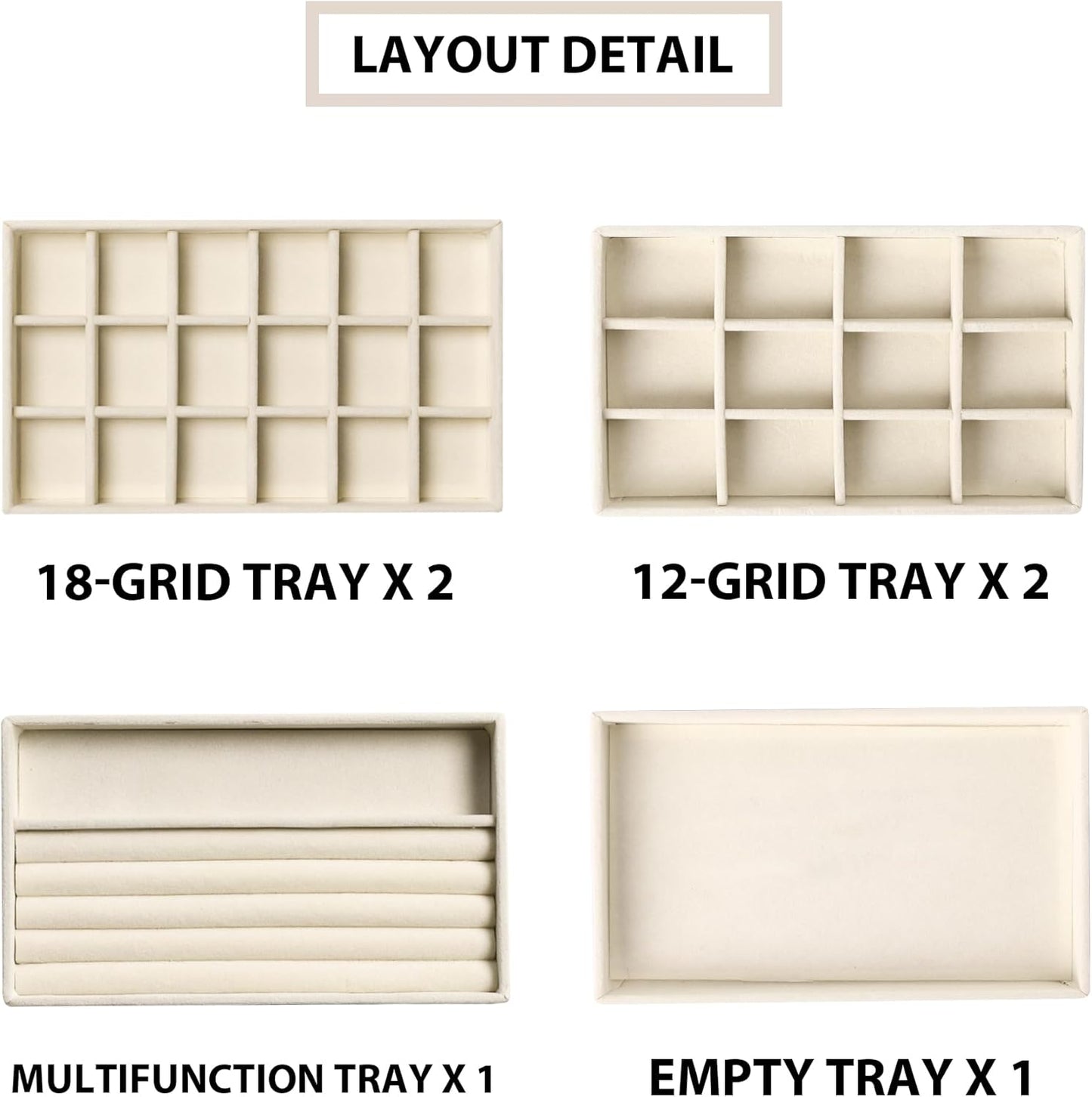 Frebeauty Jewelry Organizer Tray,Stackable Velvet Jewelry Trays,Drawer Inserts Earring Organizer For Women Jewelry Storage Display Case for Rings Stud Necklaces,Set of 6(Beige)