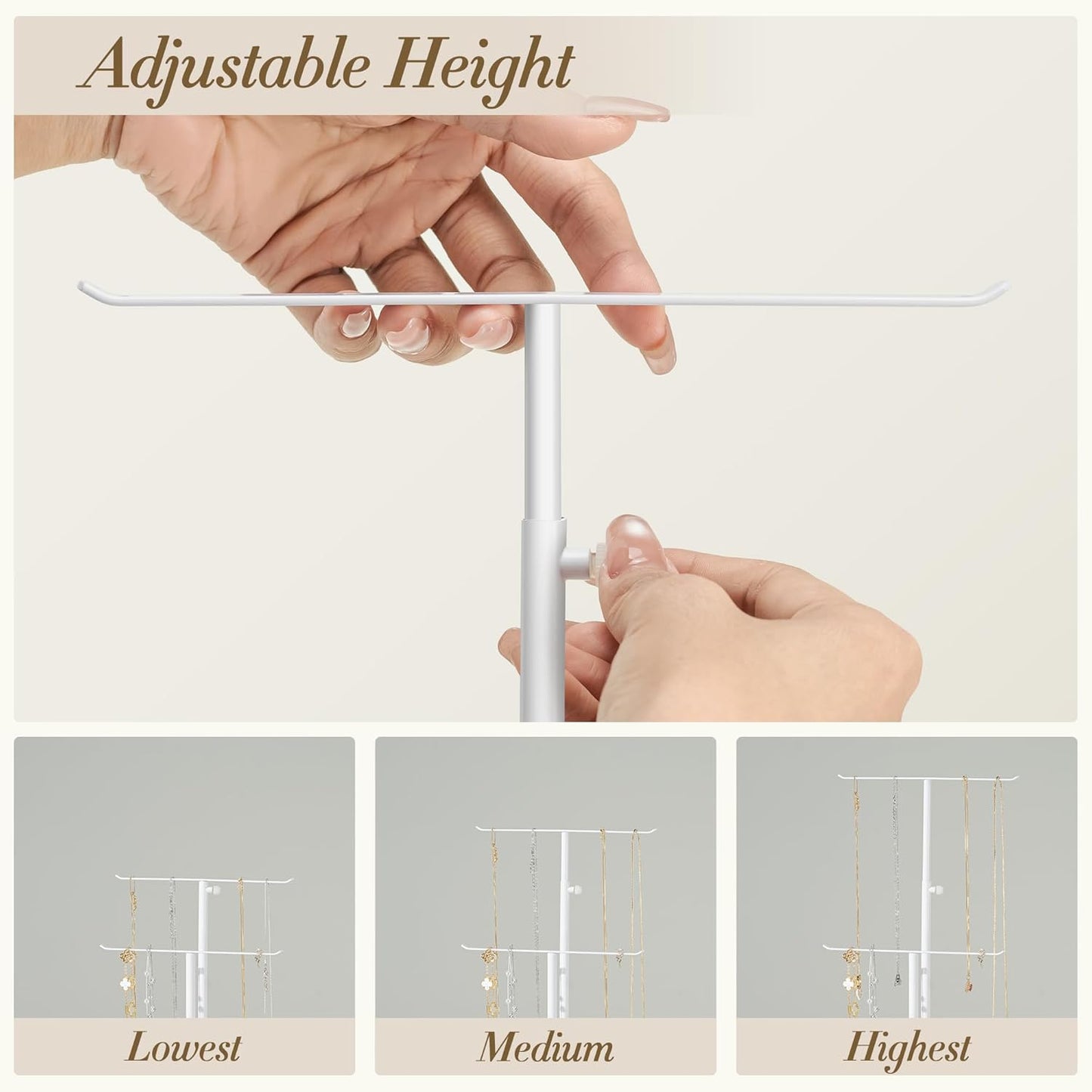 Jewelry Holder Organizer Stand - Adjustable Jewelry Tree 17.5" Height (Max), Jewlery Hanger for Necklaces, Bracelets, Earrings, Stainless, White