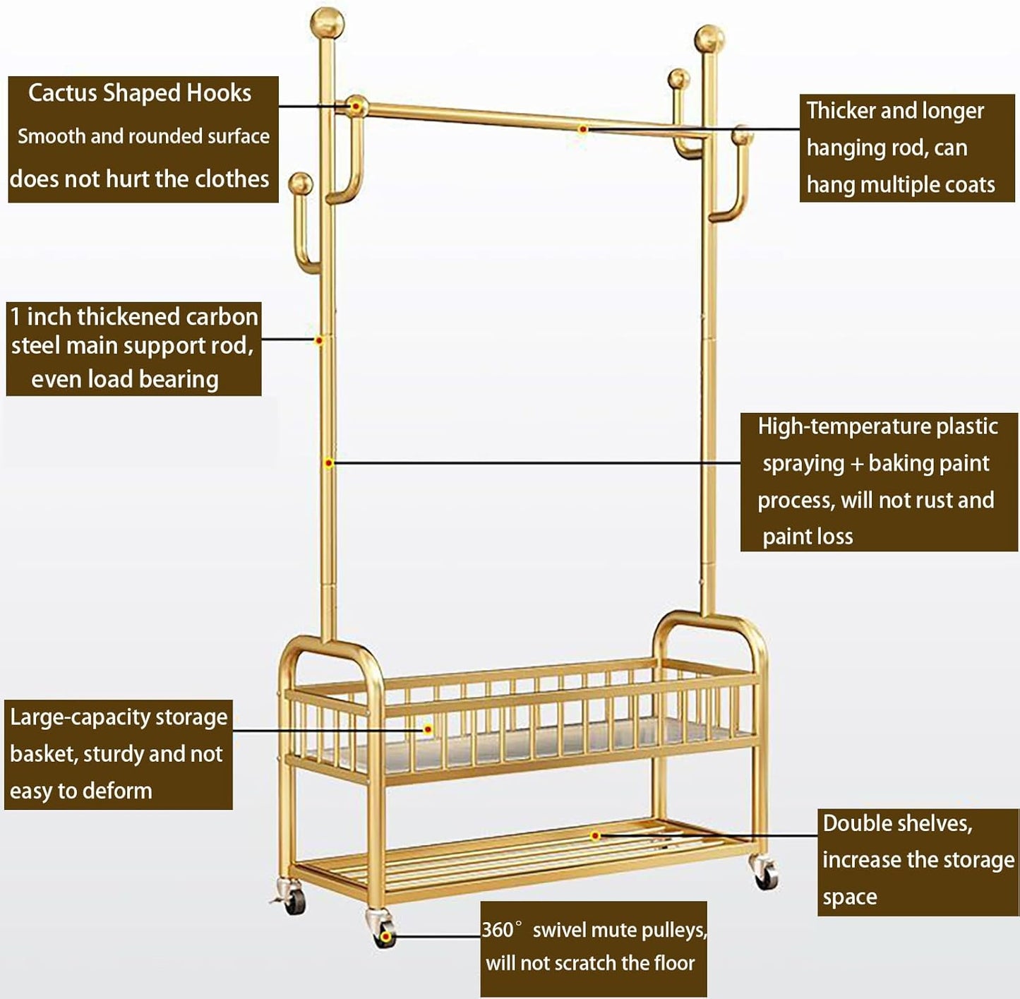 Garment Racks,on wheels,movable,Double Decker,Sturdy Metal Frame,Available for both domestic and commercial use,for Hanging Organizers Clothes,Coats,Skirts,Shoes,Bags,Scarf,Neckties (gold, S)