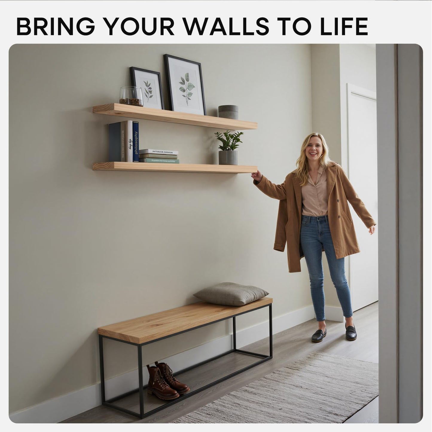 Homeforia 60 inch Natural Floating Shelf, High End Solid Real Wood 60inch Small Floating Shelves for Wall Mounted, Natural Wooden Floating Shelves, Heavy Duty Bracket, 60 X 6.5 X 1.75 in, Set of 2
