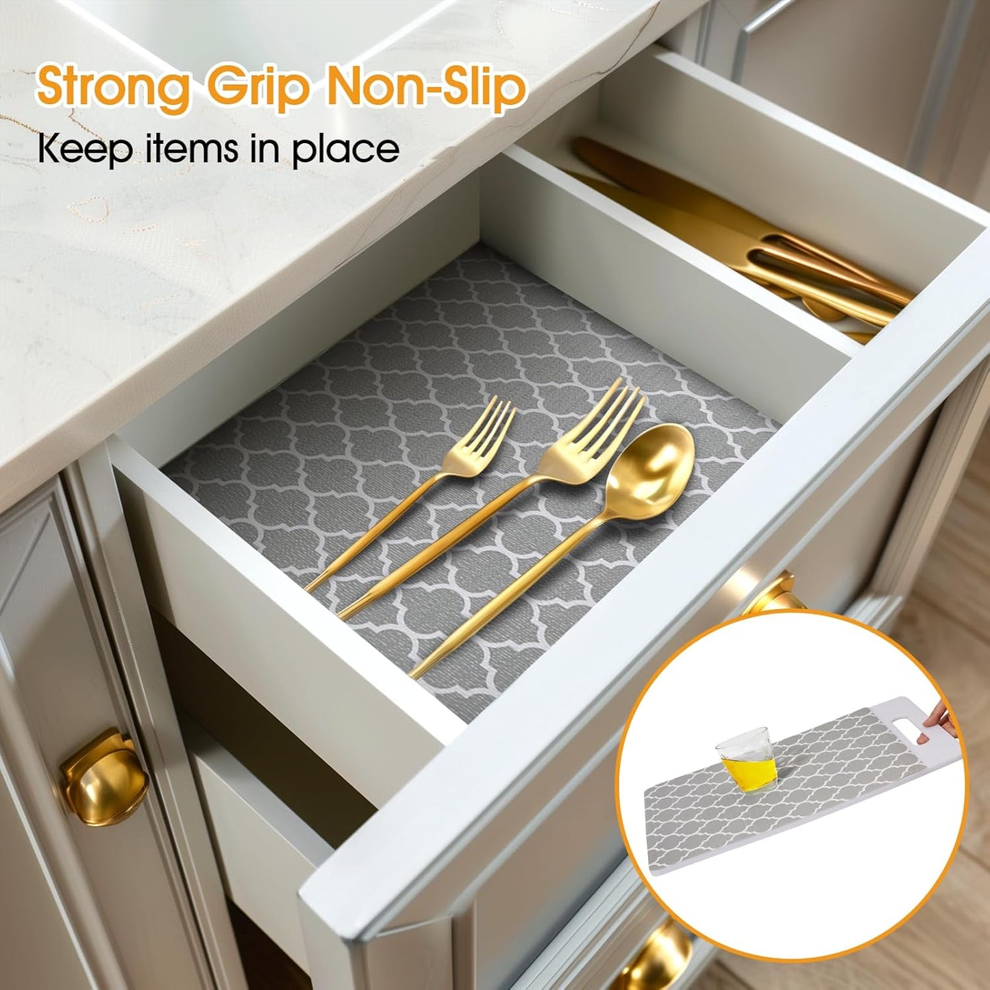 Shelf and Drawer Liner for Kitchen Cabinets Non-Adhesive, Strong Grip Non-Slip Thickened Cabinet Liners for Shelves, Waterproof Mats for Dresser Cupboard, Gray, 12 in x 30 Feet