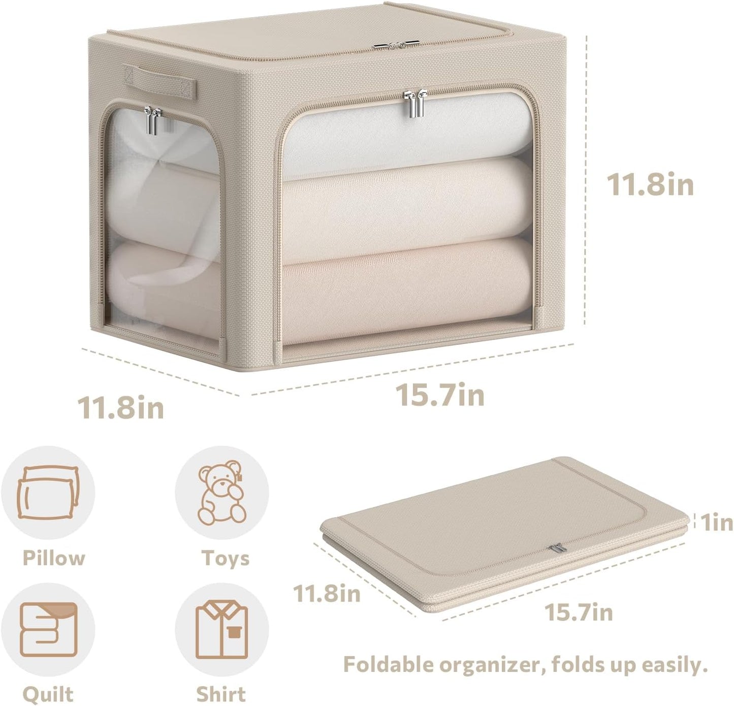 CYhom 3Pack Clothes Storage Bins - Oxford Frame Storage Box Foldable Stackable Storage Organizer with 3 Openings Design, Metal Frame, Clear Window, Carry Handles (36L-15.7 * 11.8 * 11.8in, Beige)