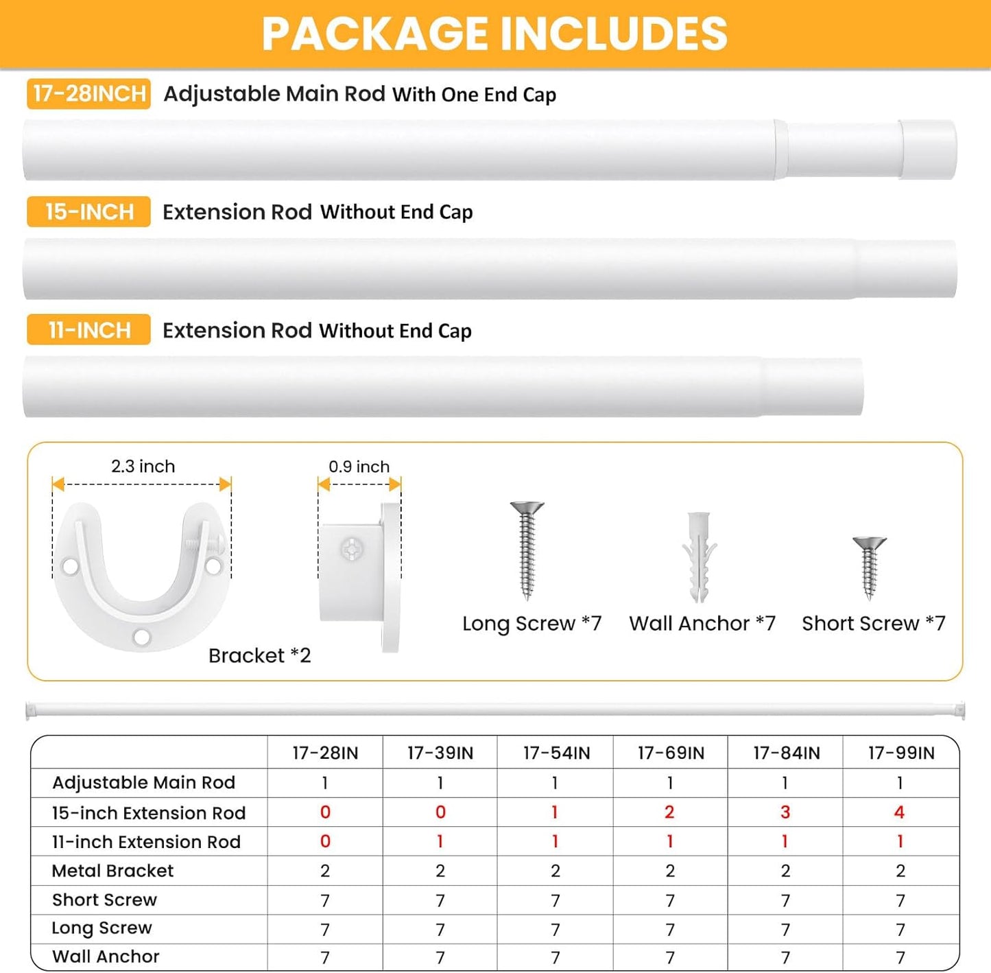 Closet Rods for Hanging Clothes, 17-39 Inch No-Cut Stepless Adjustable Closet Rod, 1.3 Inch Heavy Duty Metal Closet Hanging Rod with Brackets, White Closet Bar for Closet, Laundry Room, RV, Wardrobes