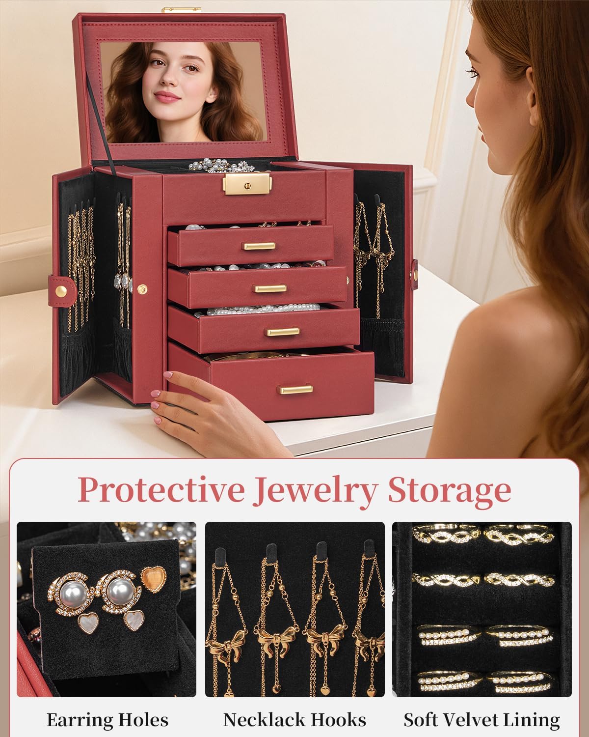 TORIBIO Jewelry Box for Women, Leather Jewelry Organizer with Mirror & Lock, 5-Tier Jewelry Storage Organizer with 4 Drawers for Girls/Women/Mothers, Necklace Earring Bracelets Holder Organizer