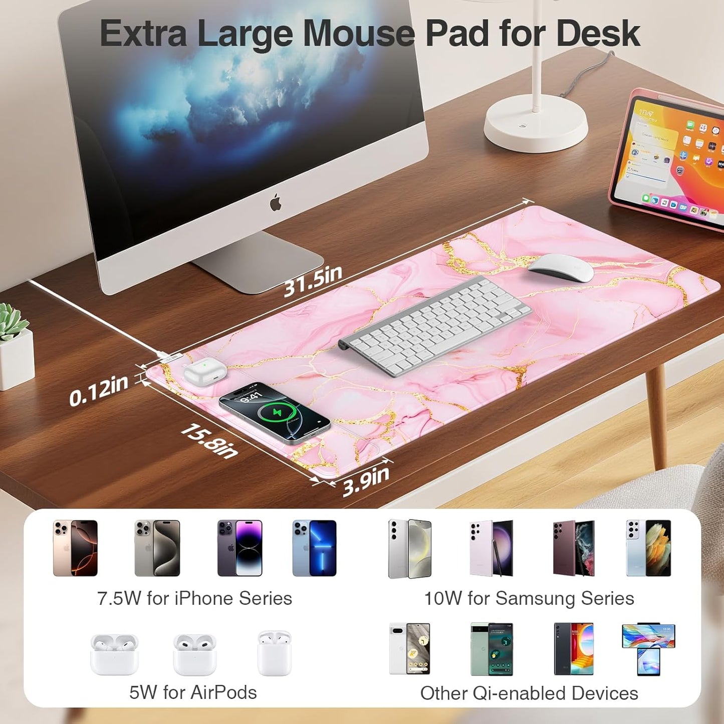 Wireless Charging Mouse Pad, 31.5"x15.8" Large Gaming Desk Mat for Keyboard/Laptop, Waterproof Ultra-Smooth Surface, Non-Slip Base, with 20W PD Adapter, Pink Marble