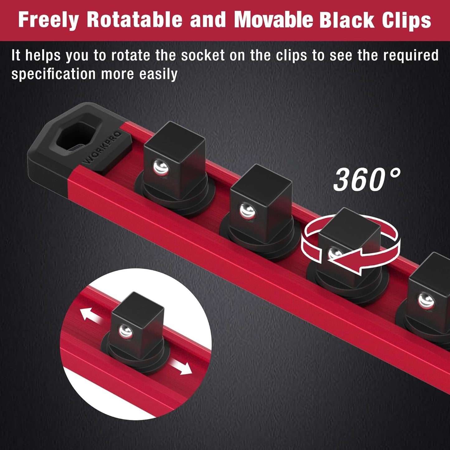 WORKPRO Magnetic Socket Organizer, 3/8-Inch Drive Aluminum Alloy Sockets Rail, Heavy Duty Sockets Holder, Socket Rack Kit 3/8-Inch x 10 Clips (Red)