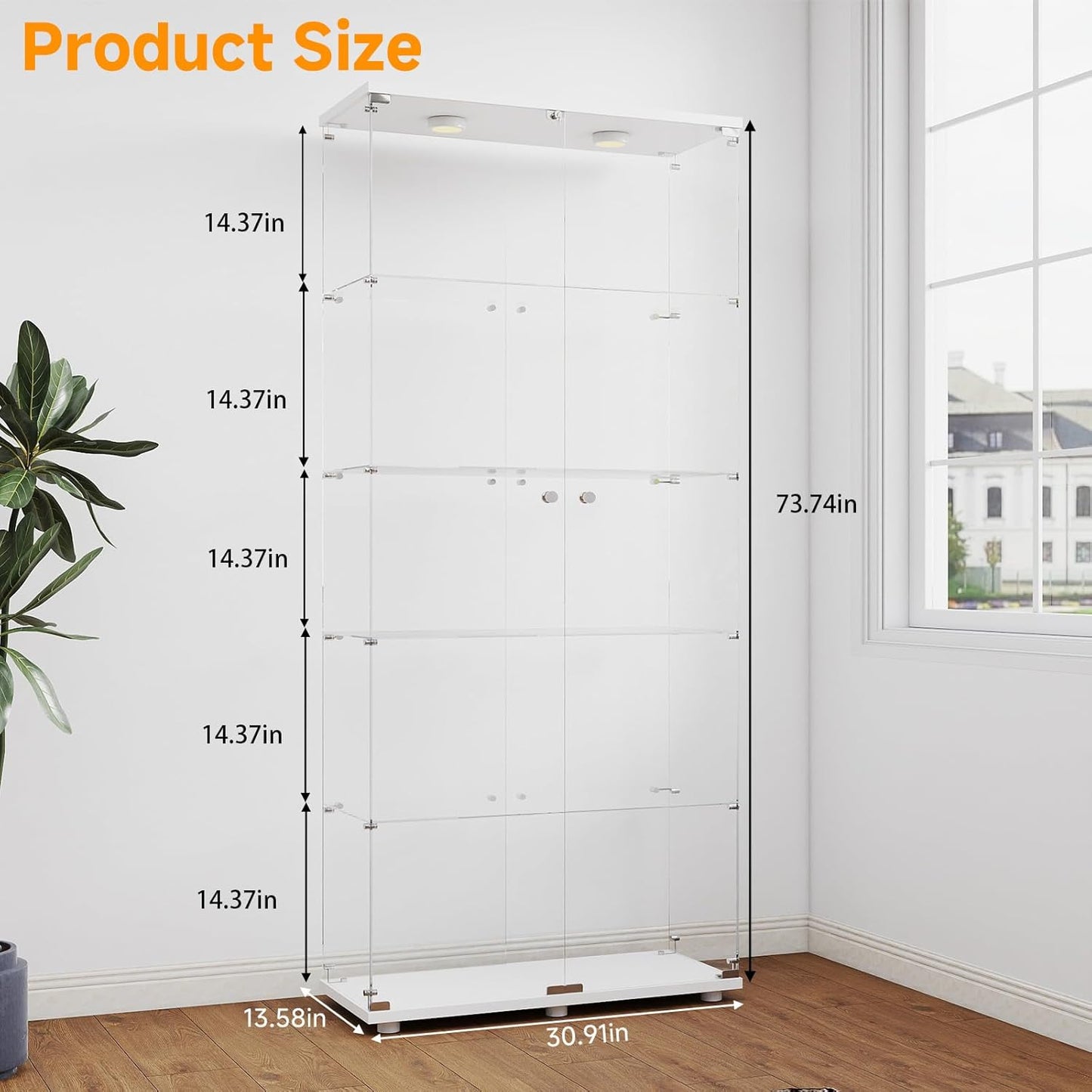 5-Tier Tempered Glass Display Cabinet with Lights, Curio Cabinet with Glass Doors and Lock, Glass Display Case for Collectibles, for Living Room Bedroom Office, Double Door, White