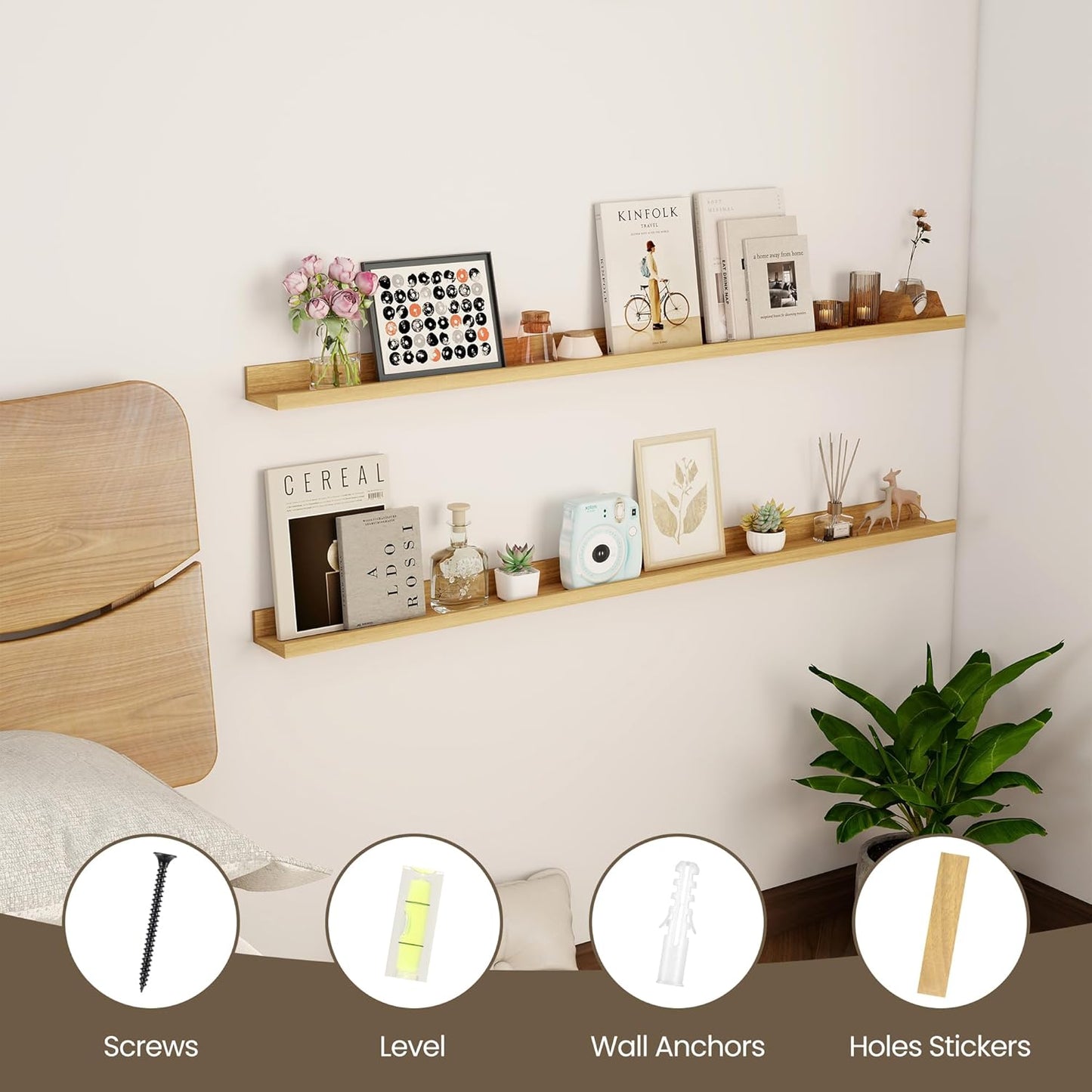 Axeman Oak Floating Shelves | 48 Inch Picture Ledge Shelf Set of 2 | Rustic Oak Picture Shelf for Wall with Ledge | Floating Shelves with Lip | Photo Ledge Shelves