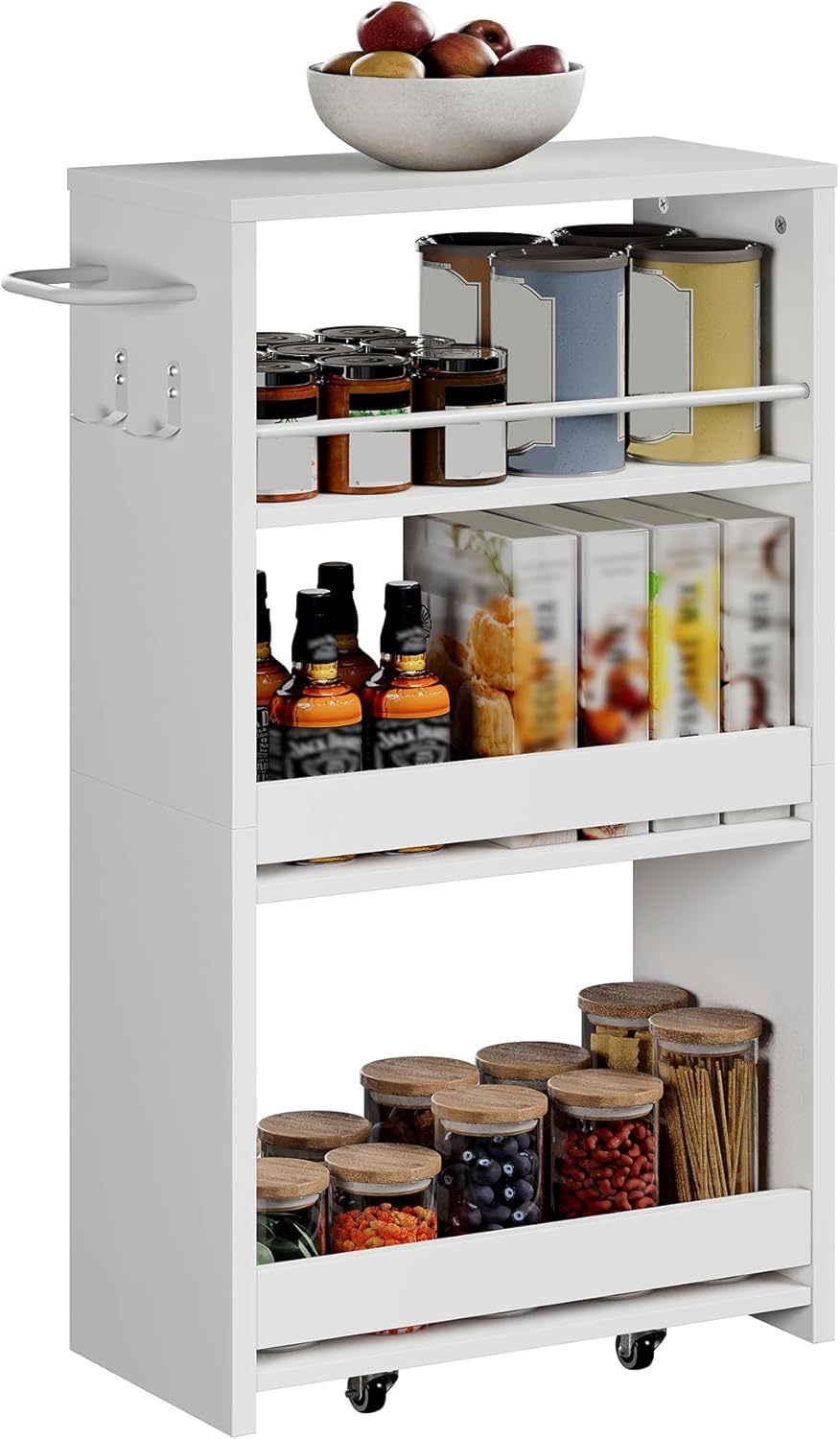 ChooChoo 4-Tier Slim Storage Cart with Handle, 7.87" W Rolling Utility Cart on Universal Wheels, Kitchen Cart Mobile Shelving Organization for Laundry Room, Bathroom & Narrow Places, White