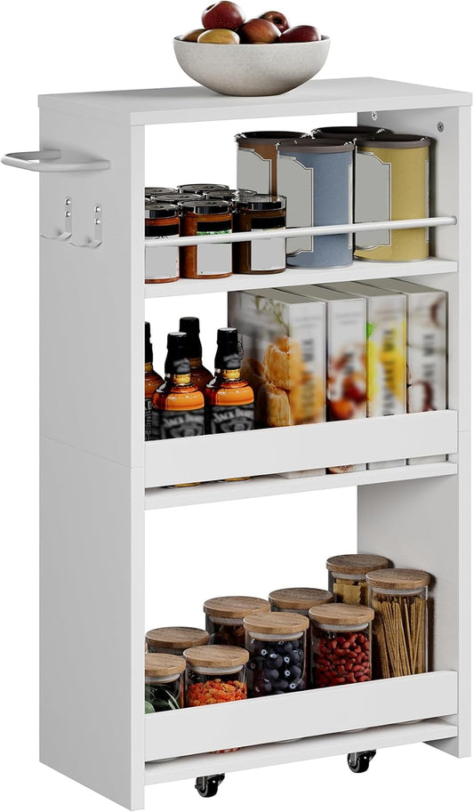 ChooChoo 4-Tier Slim Storage Cart with Handle, 7.87" W Rolling Utility Cart on Universal Wheels, Kitchen Cart Mobile Shelving Organization for Laundry Room, Bathroom & Narrow Places, White