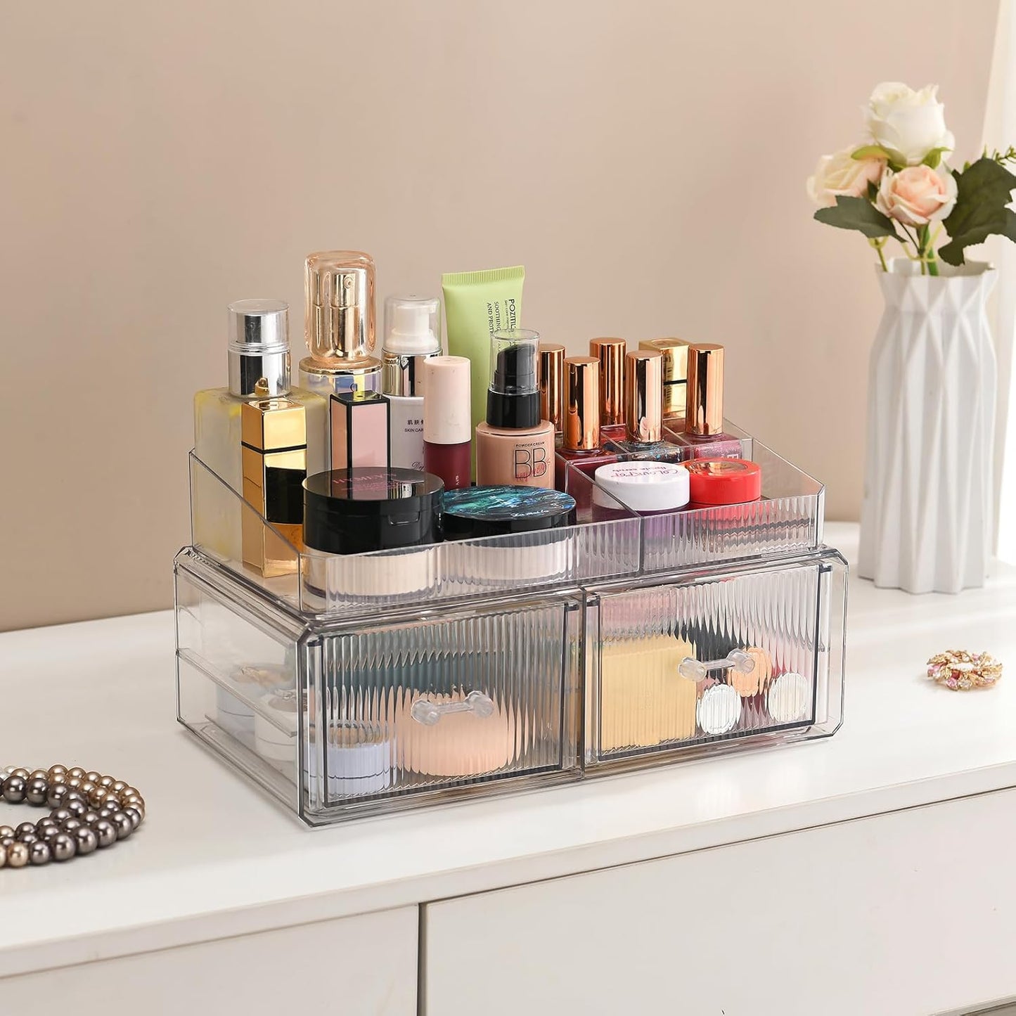 ZHIAI stackable storage drawer, cosmetic acrylic storage box, cosmetics and beauty product storage organizer, suitable for makeup room, bathroom, storage room