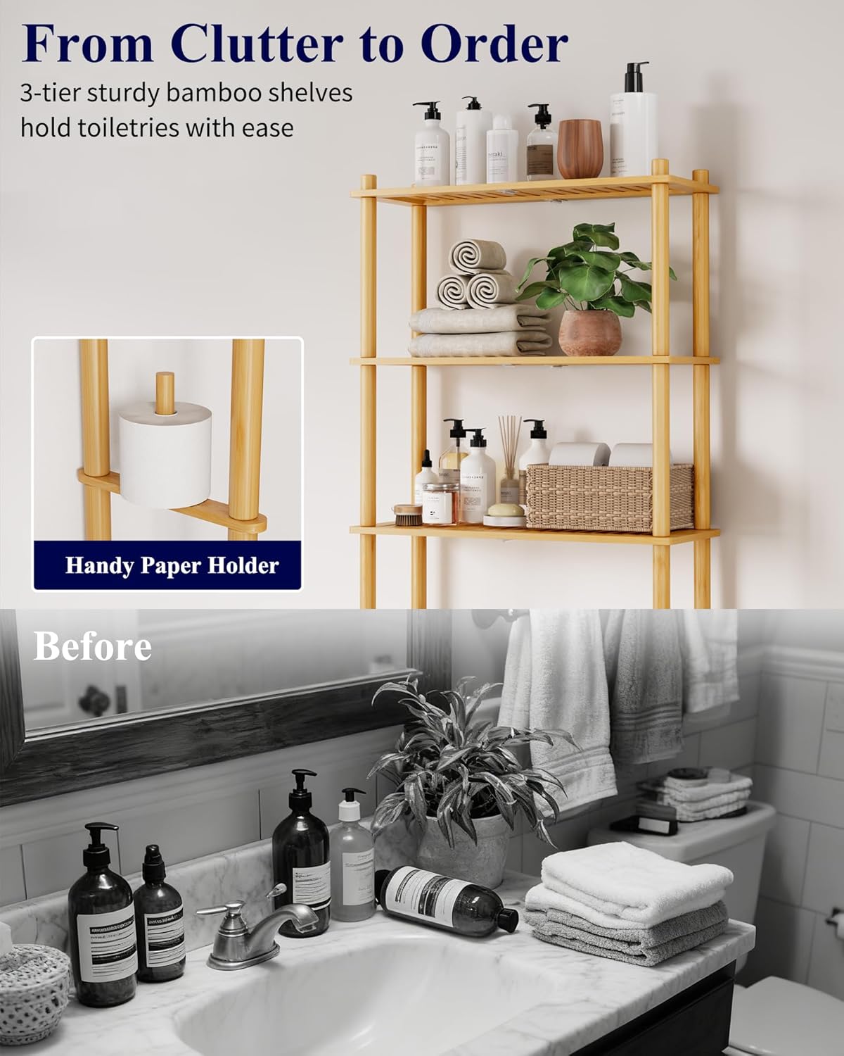 Kitsure Over The Toilet Shelf - 3-Tier Bamboo Bathroom Organizers and Storage with Paper Holder, Over Toilet Bathroom Organizer with Wall Anchor for Balcony, Laundry, Natural, 3 Tiers (63" H)