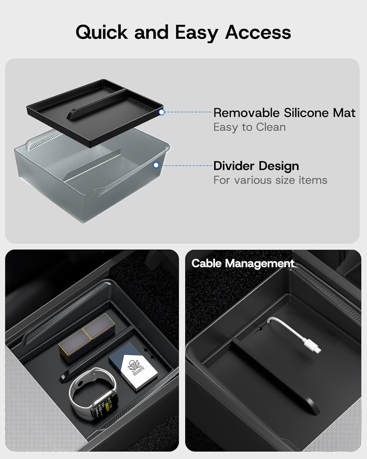 Center Console Organizer Tray for Tesla Model Y Juniper Accessories 2025 2026, [Premium PC + Soft Silicone Liner] Console Organizer & Armrest Storage Box Cup Holder Wireless Charging Mat 8 PCS