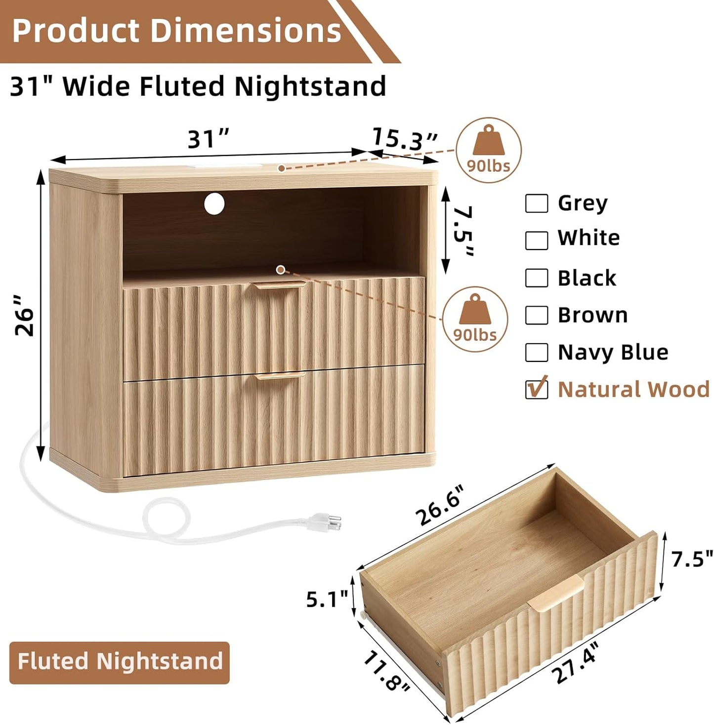 LEYAOYAO 31" Wide Fluted Nightstand with Charging Station, Oversized Extra Large 2 Drawers Night Stand,Natural Wood Bedside Table,Tall Bed Side End Tables,Modern Chest of Drawers Dressers for Bedroom