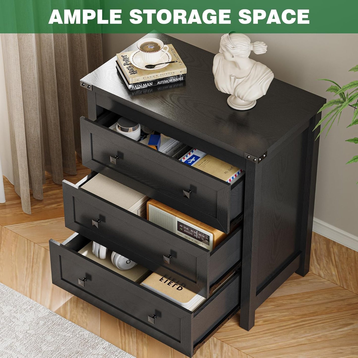Dresser for Bedroom with 3 Drawers, 27.55" Wide Small Chests of Drawers, Farmhouse Wood Nightstand Bedside Cabinet End Table, Modern Closet Storage Organizer for Living Room, Entryway, Hallway, Black