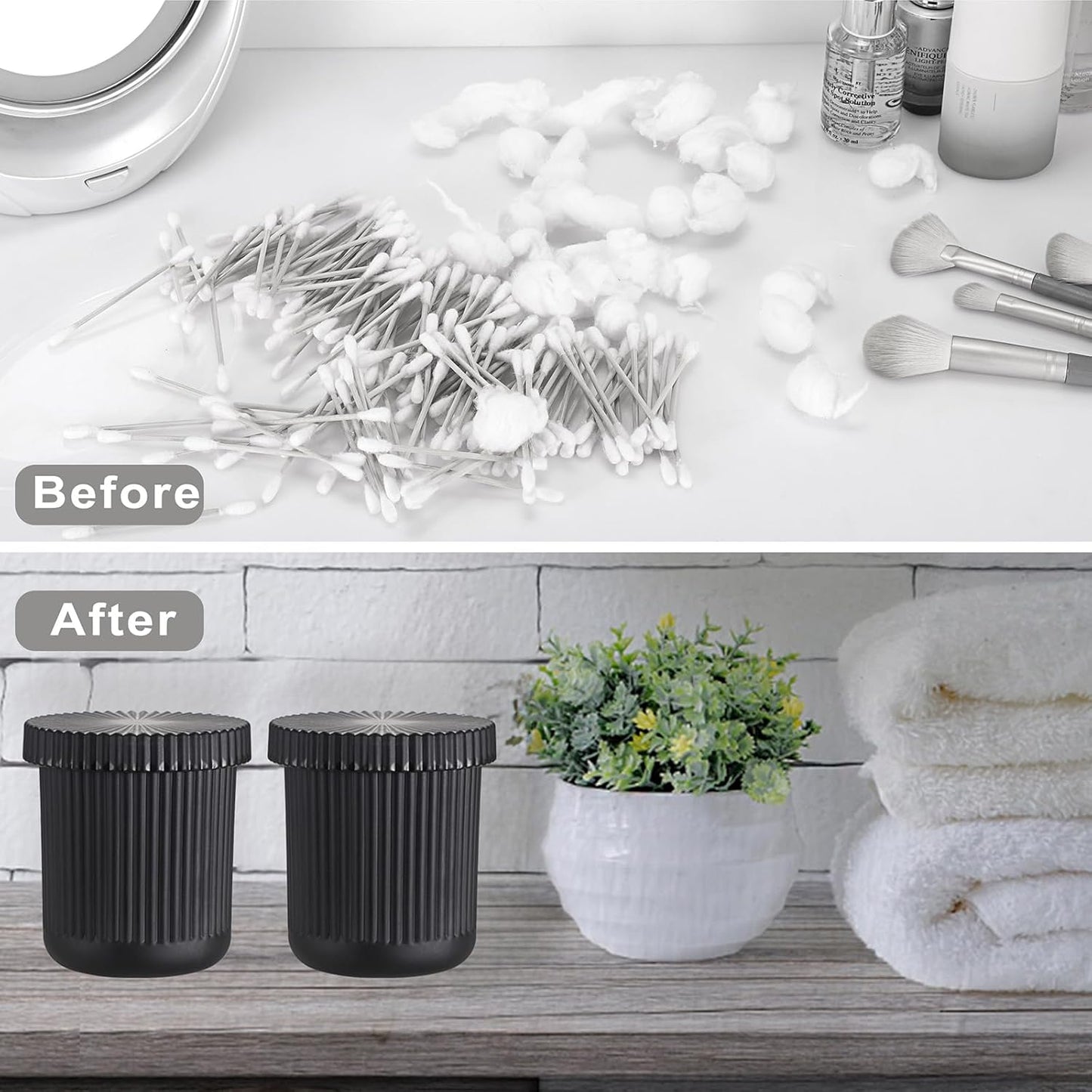 2 Pack Glass Qtip Holder with Lid, Qtip Dispenser Bathroom Storage Jars- Glass Apothecary Jars for Cotton Ball, Swab, Pads, Floss Picks, Bathroom Accessories Organization and Vanity Organizer(Black)