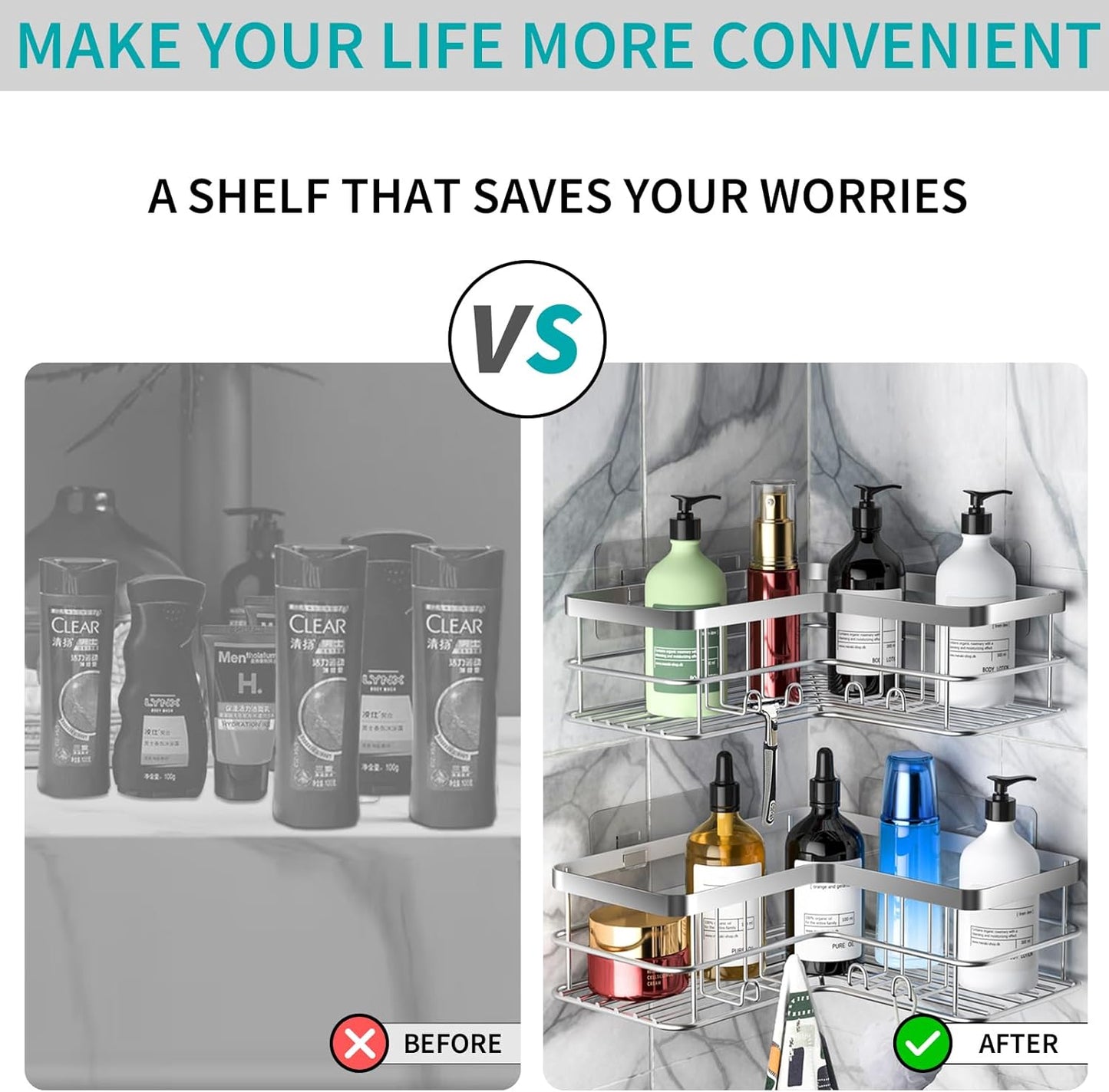 Yazoni Corner Shower Caddy, Adhesive Shower Shelves No Drilling [2-Pack], Rustproof Stainless Steel Bathroom Shower Organizer with 8 Hooks