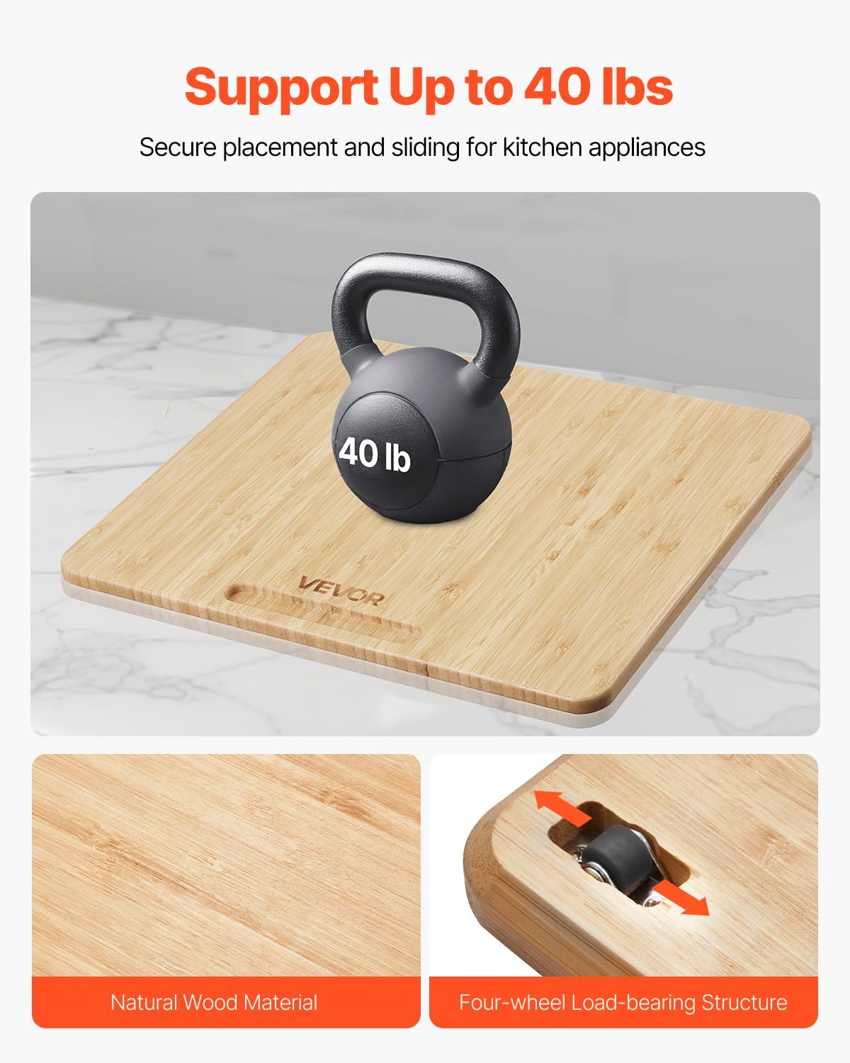 VEVOR Appliance Slider, Large 13 x 16-inch, Rolling Sliding Tray with Silent Rubber Wheels & Hollow Handle, Easy to Clean, Appliance Rolling Tray for Coffee Maker, Kitchen Countertop, Natural Wood