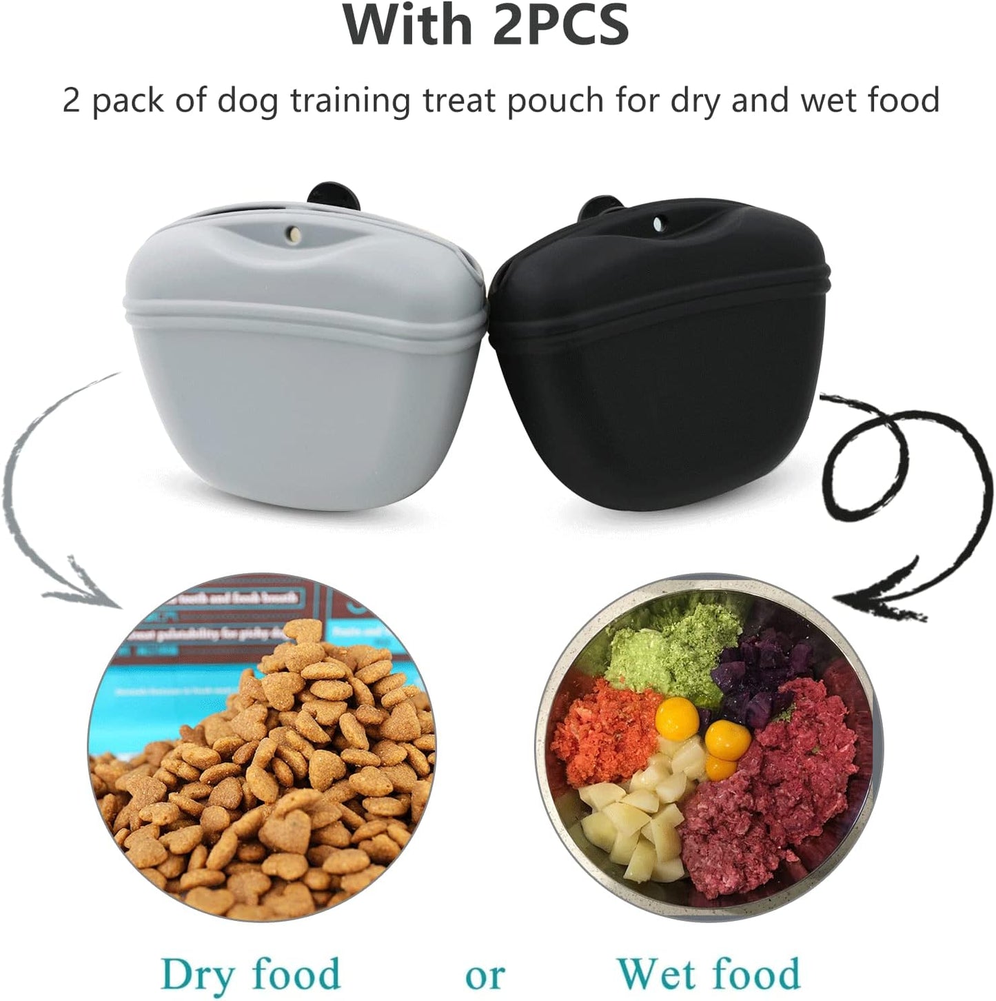 Dog Treat Pouch 2 Pack, Dog Treat Training Pouch, Silicone Pet Treat Bag BPA Free/Clip/Magnetic Dog Walk (Grey & Black)