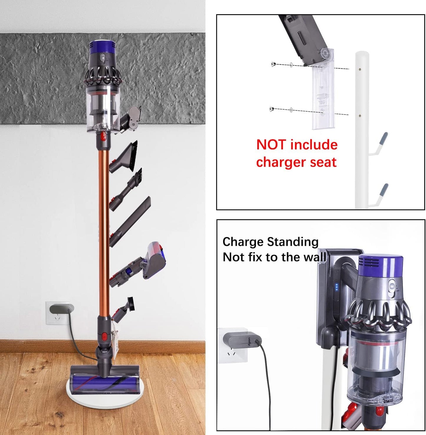Freestanding Vacuum Stand Holder Compatible with V15 Detect, V11 V10 V8 V7 V6 Cordless Vacuum Cleaners, Floor Docking Station Metal Organizer Bracket with 6 Hooks, White