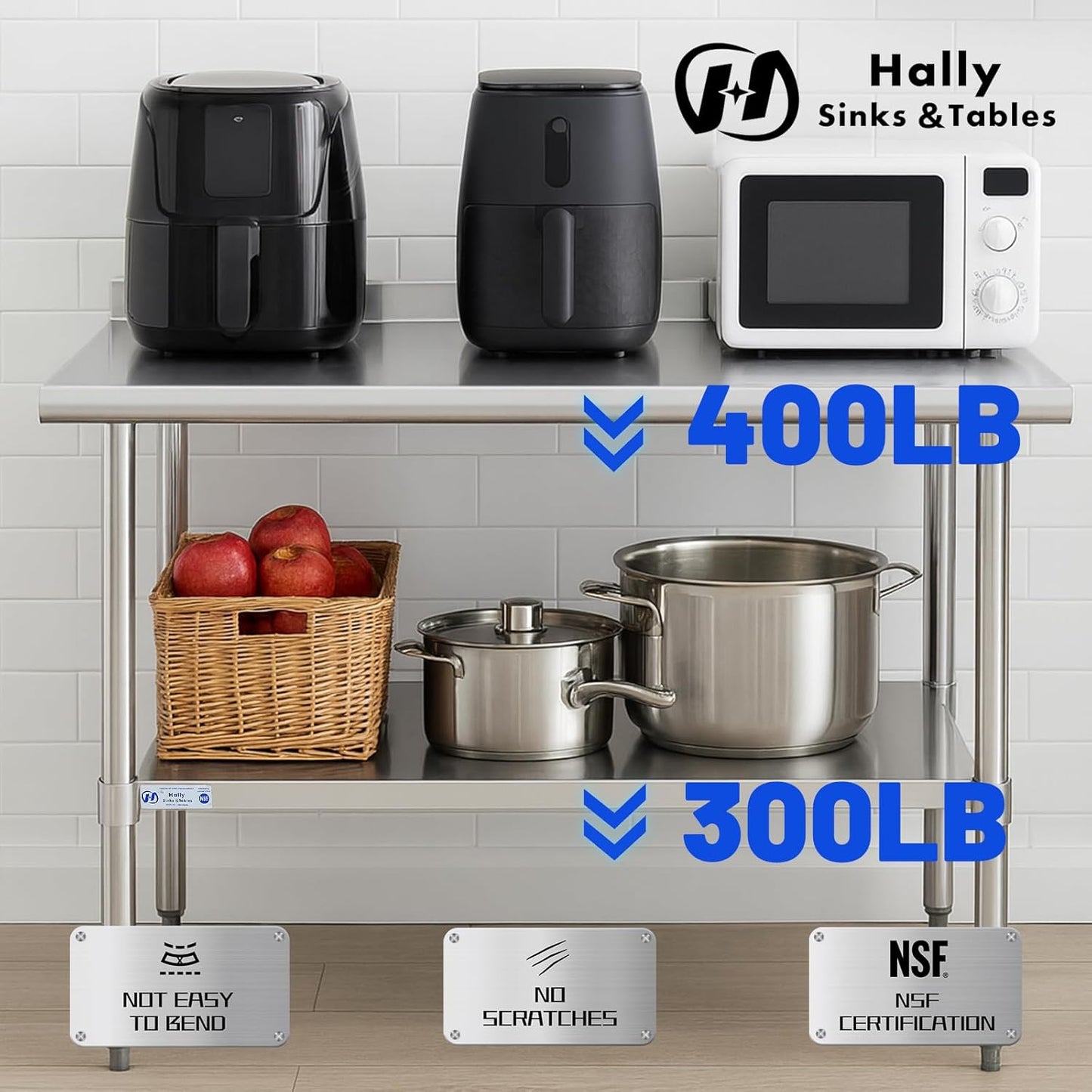 Hally Stainless Steel Table for Prep & Work 24 x 24 Inches, NSF Commercial Heavy Duty Table with Undershelf and Backsplash for Restaurant, Home and Hotel