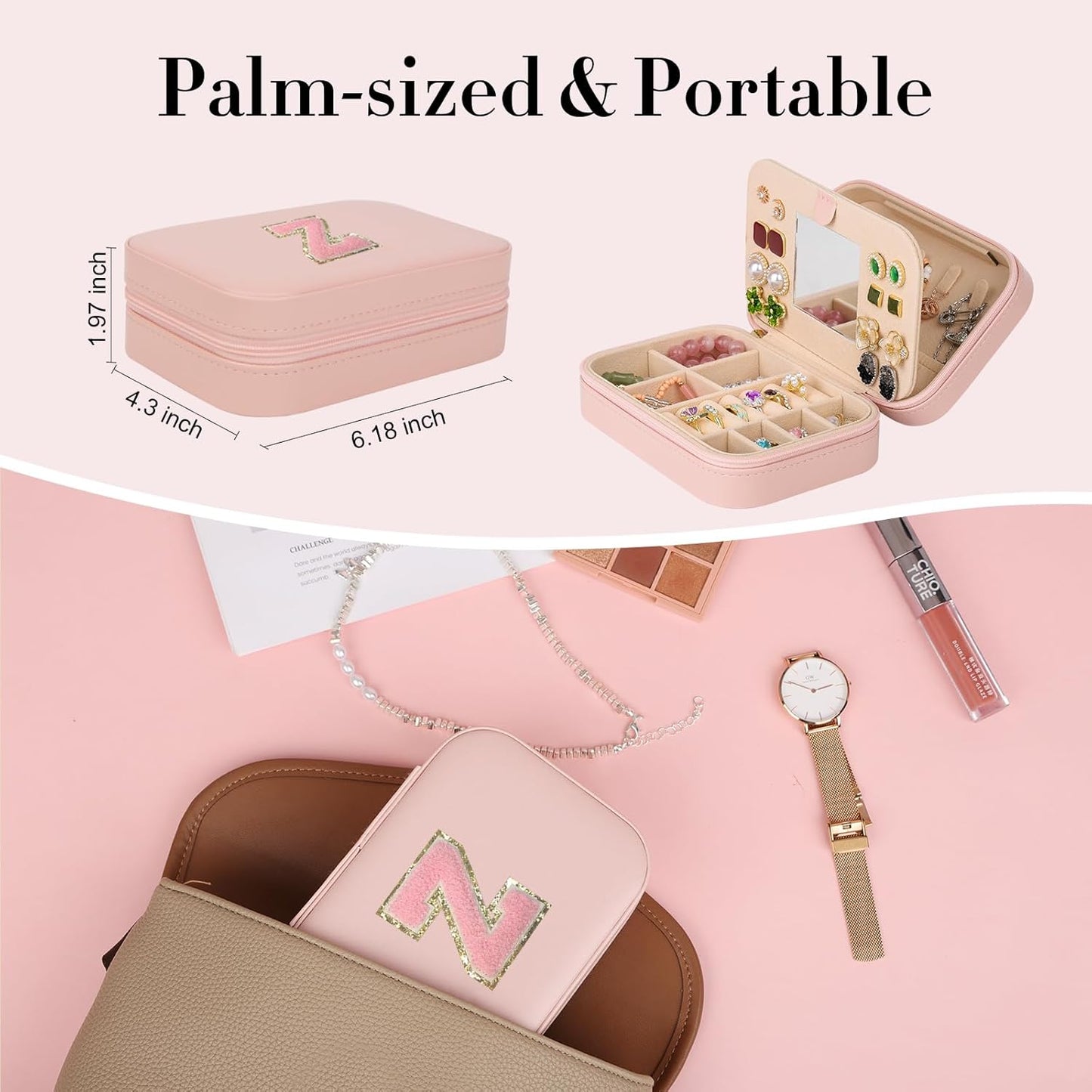 TopPerfekt Travel Jewelry Case Travel Jewelry Box With Mirror, Jewelry Organizer Bridal Shower Gifts To Her, Earring Travel Case, Trendy Gift for Women and Girls (Z, Pink)