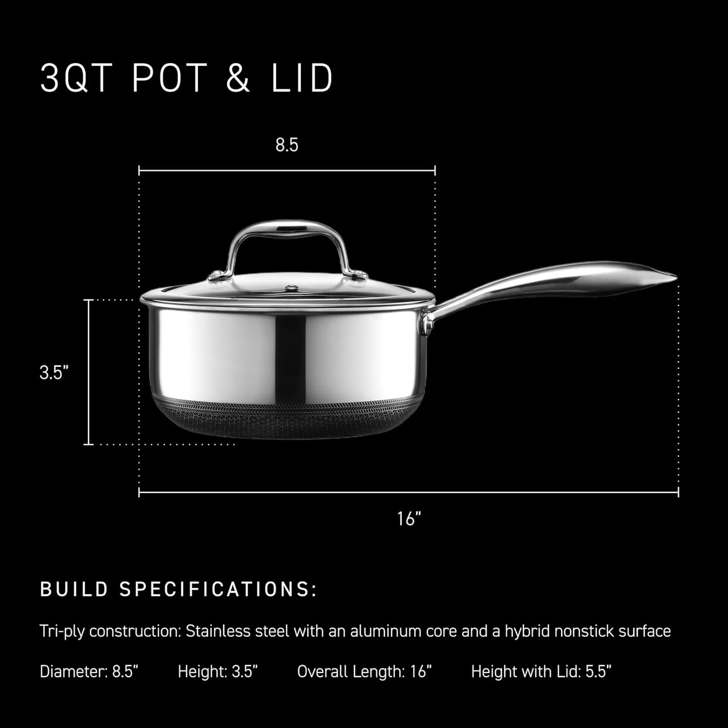 HexClad Hybrid Nonstick 3-Quart Saucepan with Tempered Glass Lid, Stay-Cool Handle, Dishwasher-Friendly, Oven-Safe Up to 900°F, Induction Ready, Compatible with All Cooktops