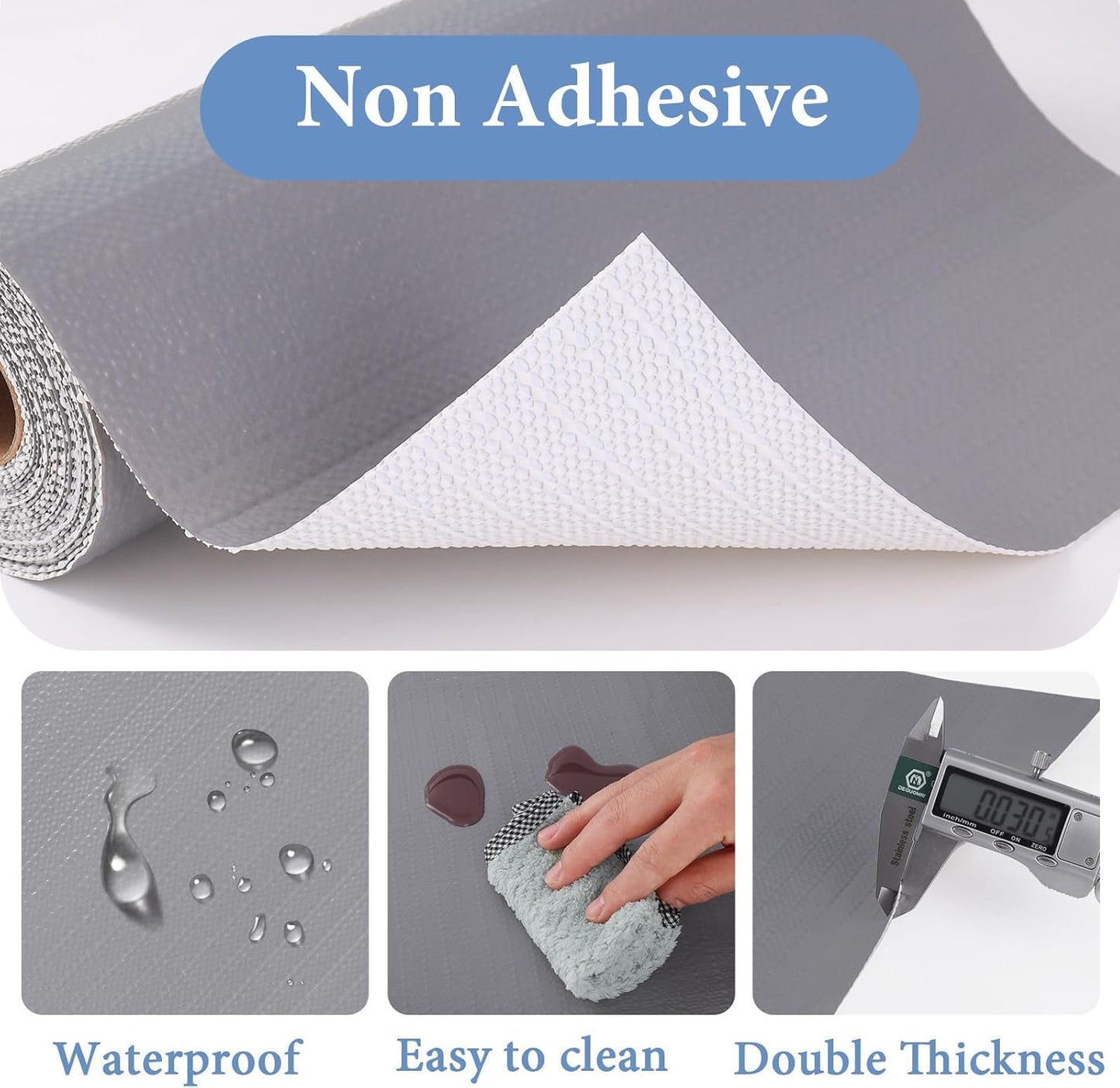 Shelf Liners for Kitchen Cabinets Non Adhesive Drawer Liner 17in x 20FT Pure Grey Thickened Shelf Liner Strong Non-Slip Easy to Clean for Tool Box Refrigerator with Knife and Tape Measure