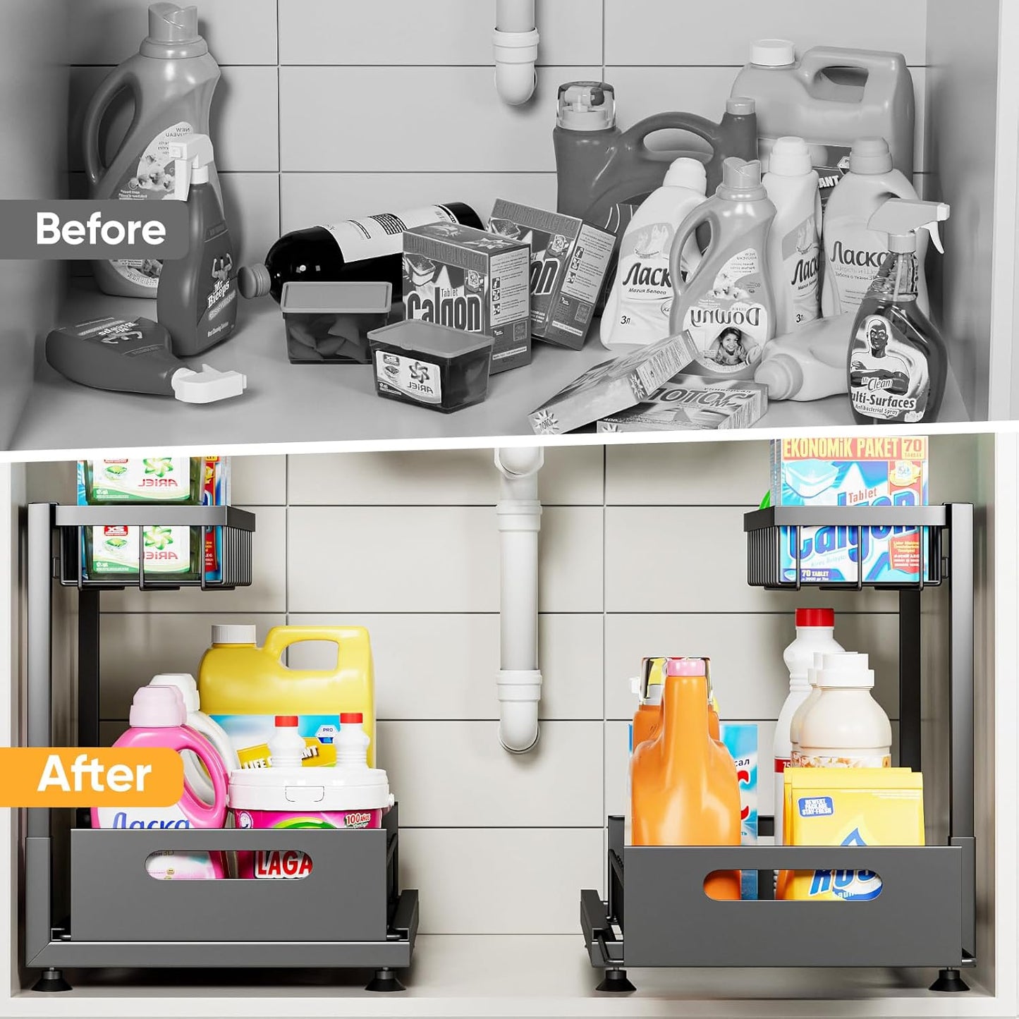 Under Sink Organizer Storage 2-Tier Premium Metal Pull-Out Racks, Height Adjustable, Easy Installation | Kitchen & Bathroom Organizers Pack of 1