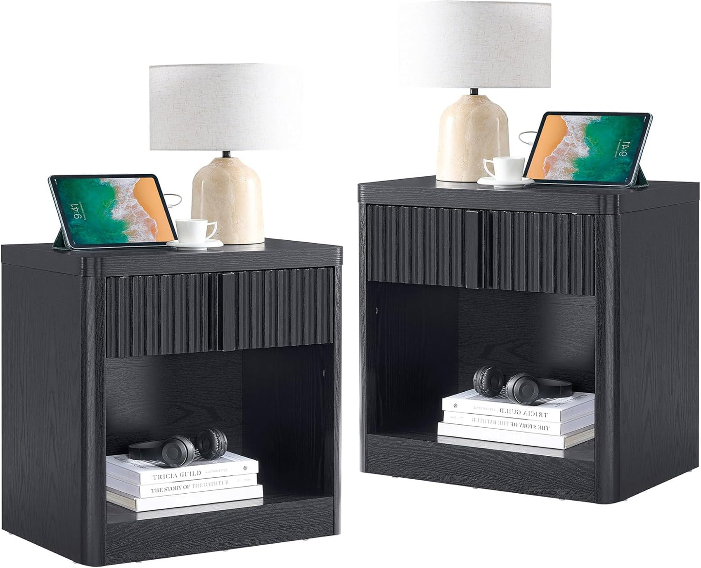 Fluted Nightstand Set of 2 with Charging Station, 23.6" End Table with Open Shelf and Drawers Storage, Bedside Table with Solid Wood Handle, Curved Profile Design, Night Stand for Bedroom
