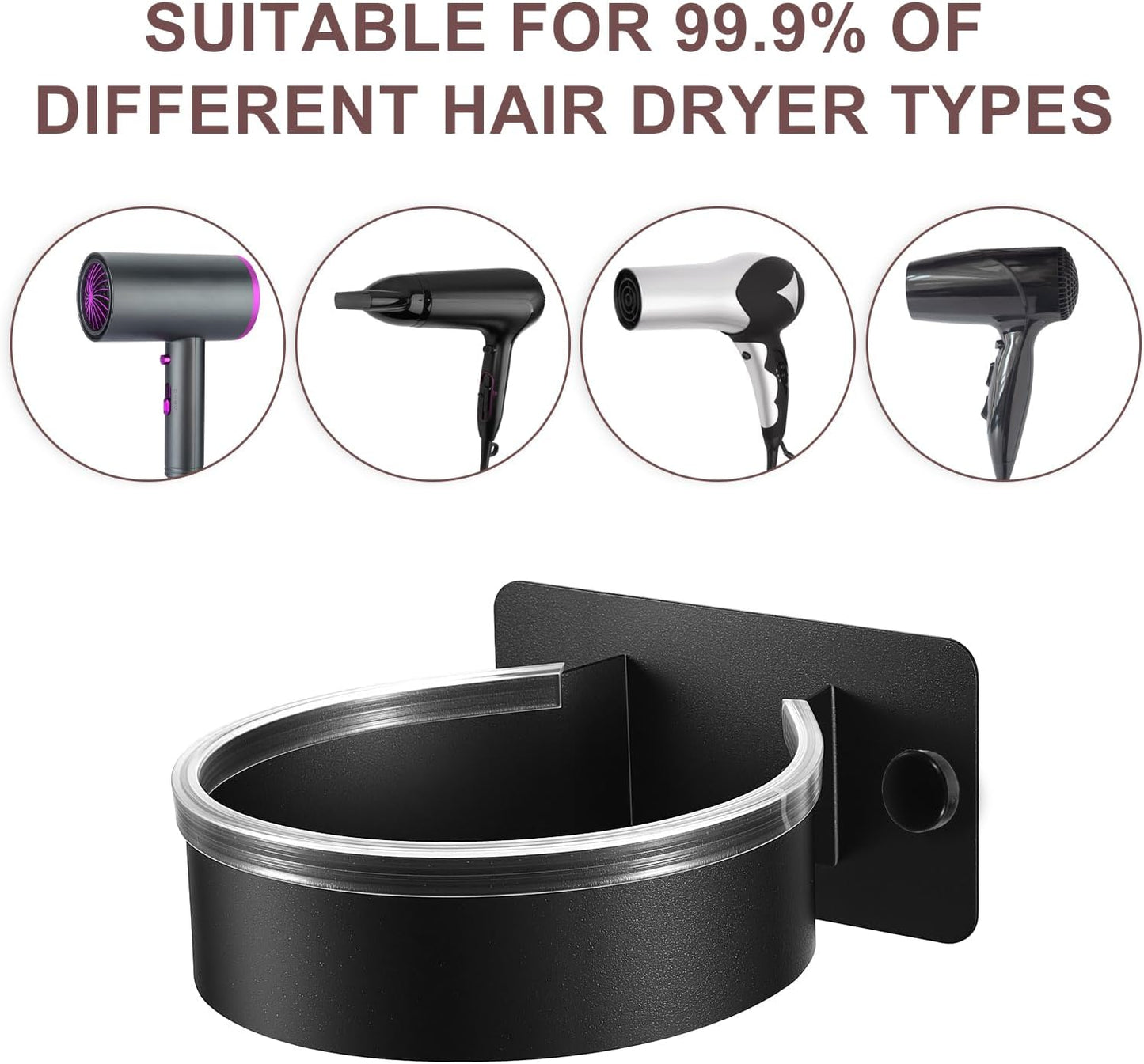 Dryer Holder Wall Mounted, Adhesive Stainless Steel Blow Dryer Stand Hair Tool Hairdryer Storage Organizer Hanger for Bathroom Cabinet Door Barber Shop (Black)