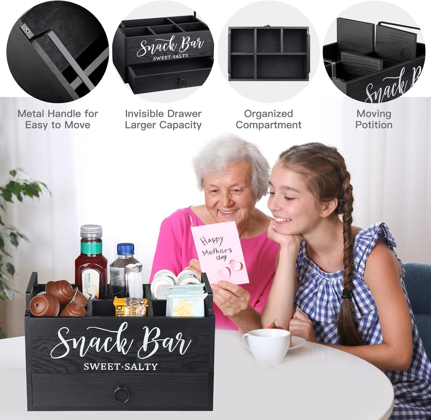 Snack Organizer for Countertop, Wood Snack Basket Snack Tray with Handles, 5 Compartment Pantry Storage Bins with Drawer, Food Container Snack Box for Snacks, Chips, Packets