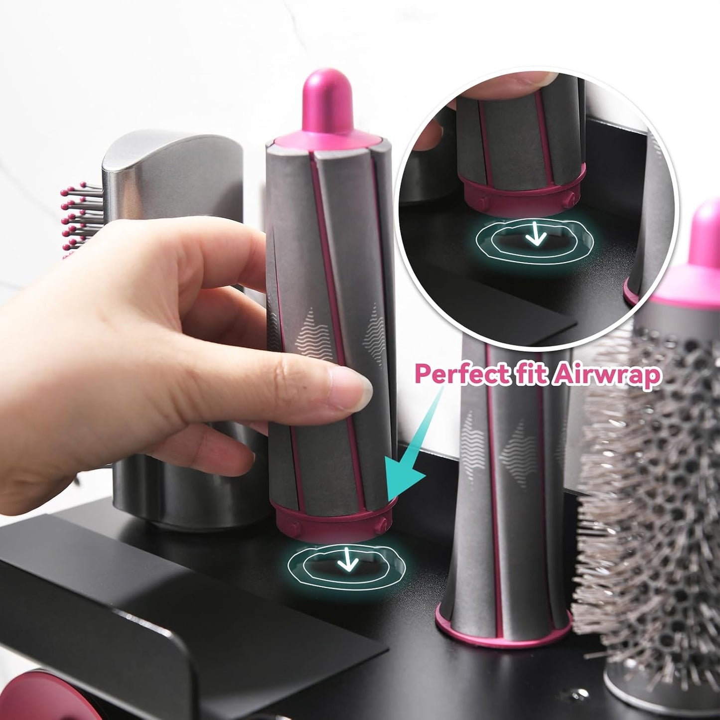 Wall Mount Holder for Dyson Airwrap Styler & HD16 Hair Dryer, 2-in-1 Curling Iron Organizer with Hooks, Magnetic Storage Rack for Accessories Nozzles Barrels Brushes