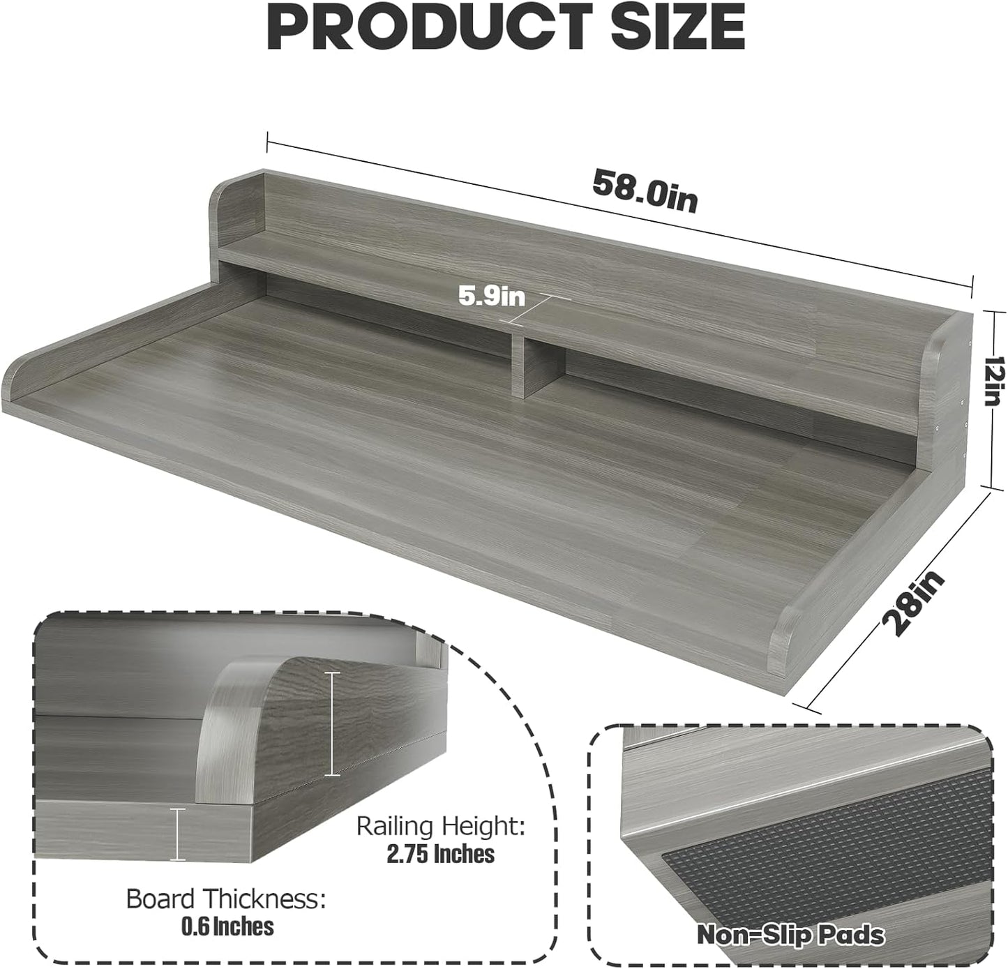 2-Tier Washer Dryer Countertop with 2.75" H Edge Rails, 58" W x 28" D Laundry Countertop for Folding Clothes, Washer and Dryer Topper with Non-Slip Pad (Stripe Gray)