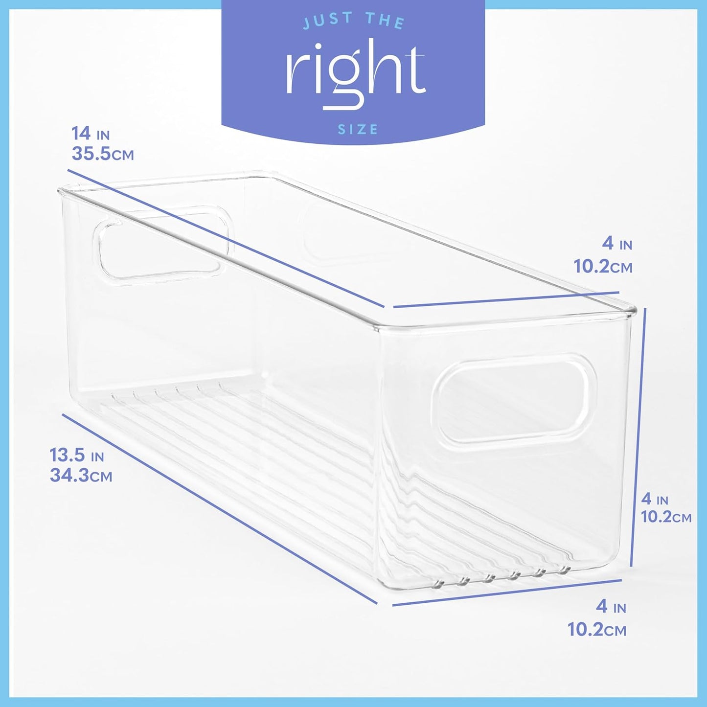 primebox Plastic Food Storage 4 Pack Clear Container Bin with Handles for Organizing Kitchen, Pantry, Refrigerator, Freezer, Pantry, Cabinet, Closet, Bathroom. 14”x4”x4”