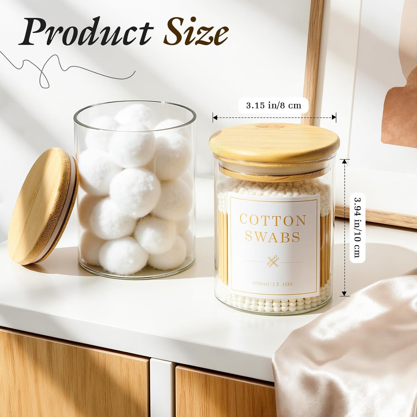 Luxspire 2 Pack Glass Qtip Holder Dispenser, 13.4 oz Cotton Swab Holder with Bamboo Lids, Glass Apothecary Jars Bathroom Accessories Canisters for Cotton Swabs, Balls, Pads, Floss Picks