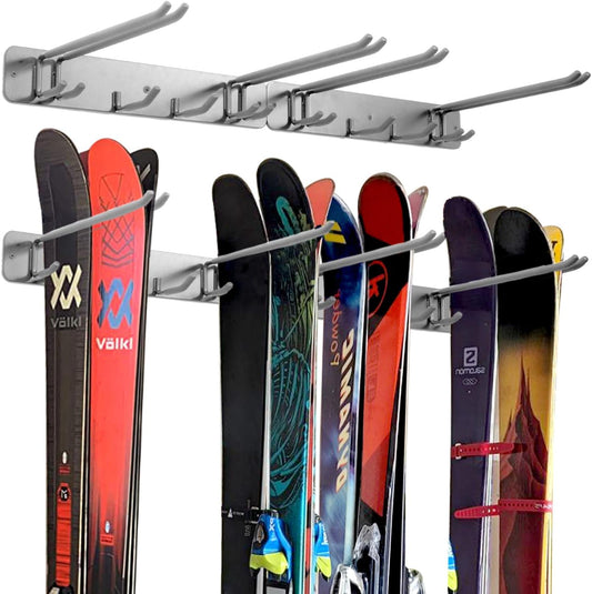 Wall Mount Ski Storage Rack,Garage Snowboard Storage Organizer 8 Pairs Metal Hooks Indoor Outdoor System Organization（Grey 2pack