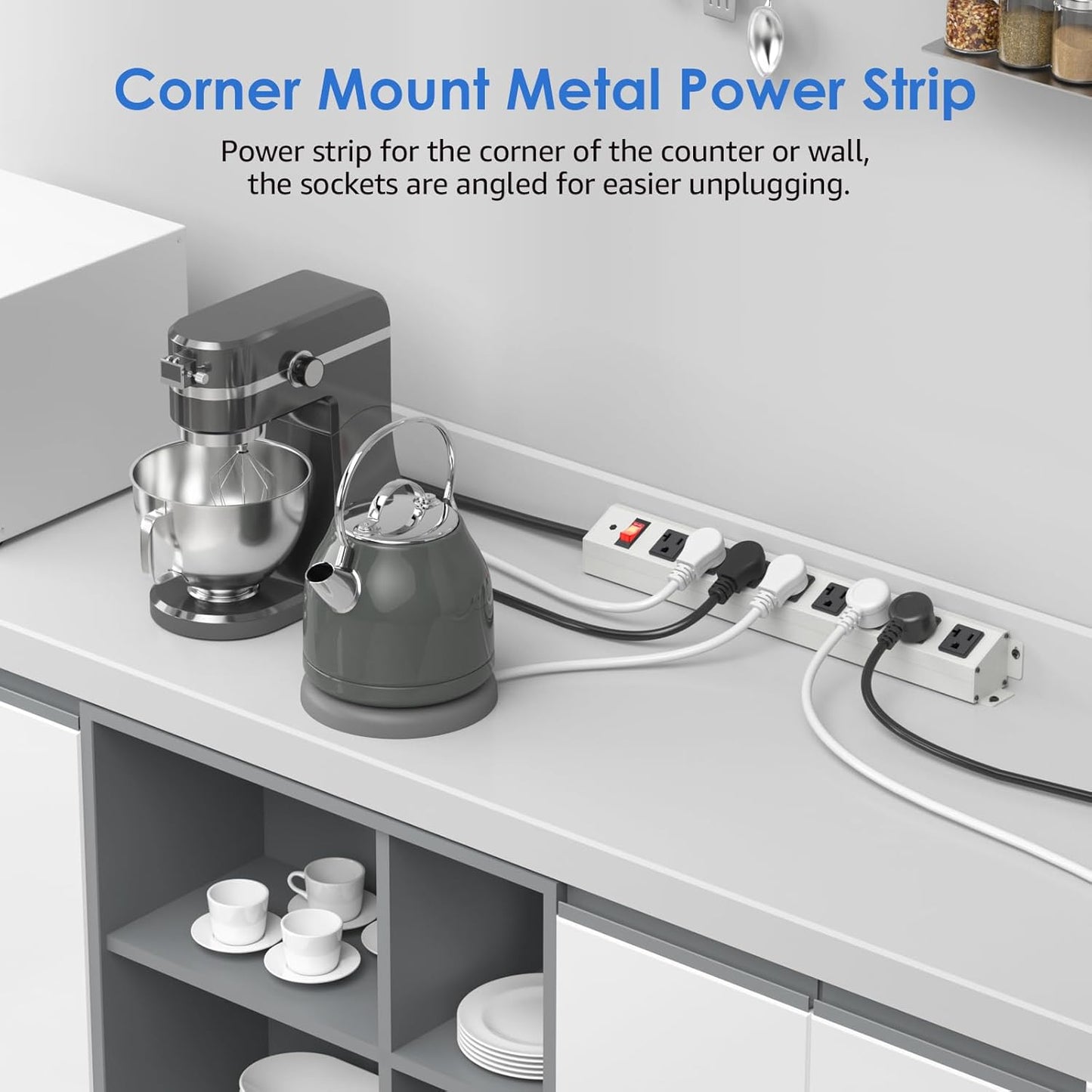 CCCEI Corner Mount Angle Power Strip, Under Cabinet Heavy Duty 8 Outlets Power Strip 20Amp, Metal Underneath Desk Plug Surge Protector, Wall Mountable, for Garage, Shop, Kitchen. 3FT Extension Cord.