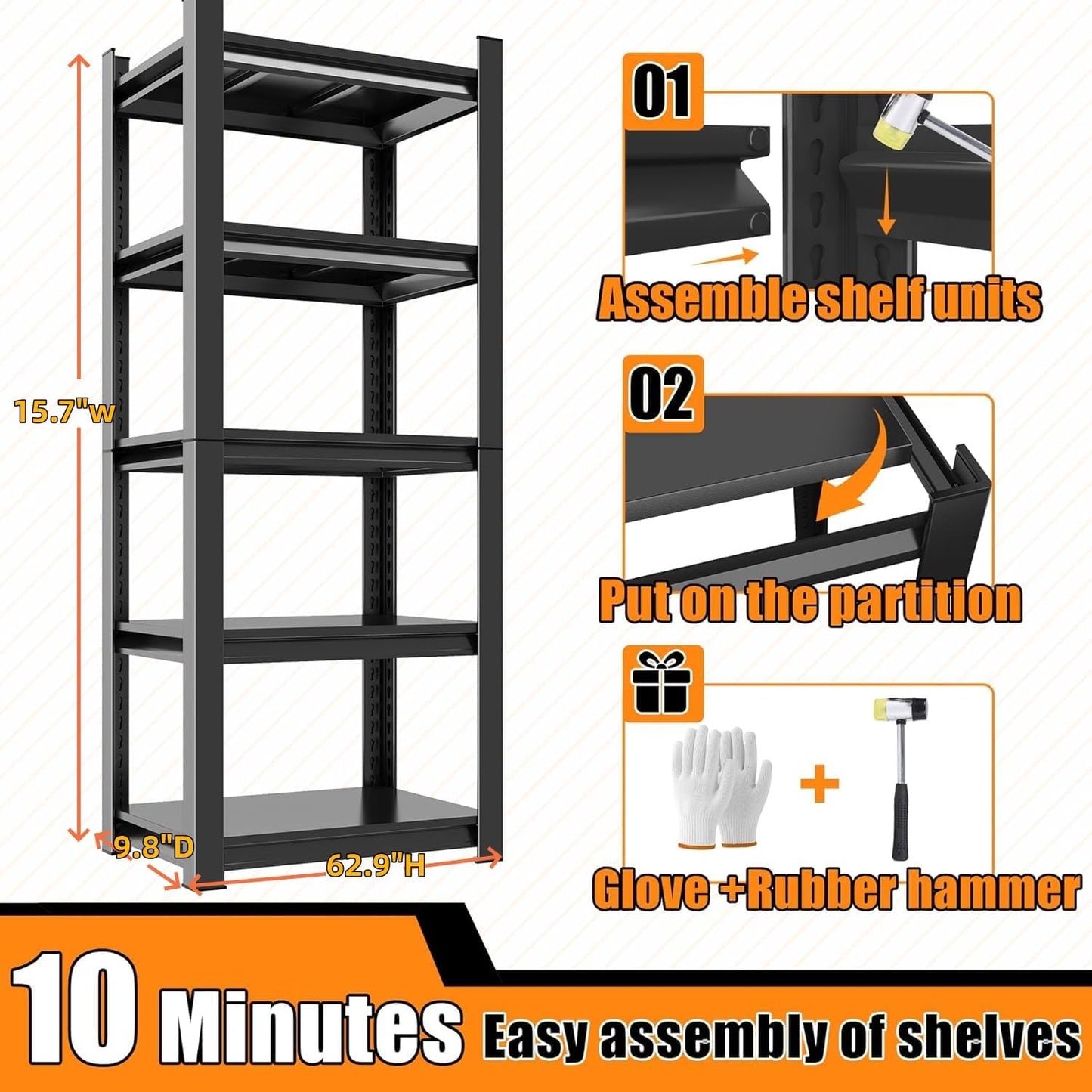 5-Tier Slim Metal Shelving Unit, Adjustable Narrow Standing Shelf for Kitchen Pantry, Bathroom, Laundry Room & More | 16" Wide, 10" Deep, 63" High | Space-Saving Storage for Small Spaces